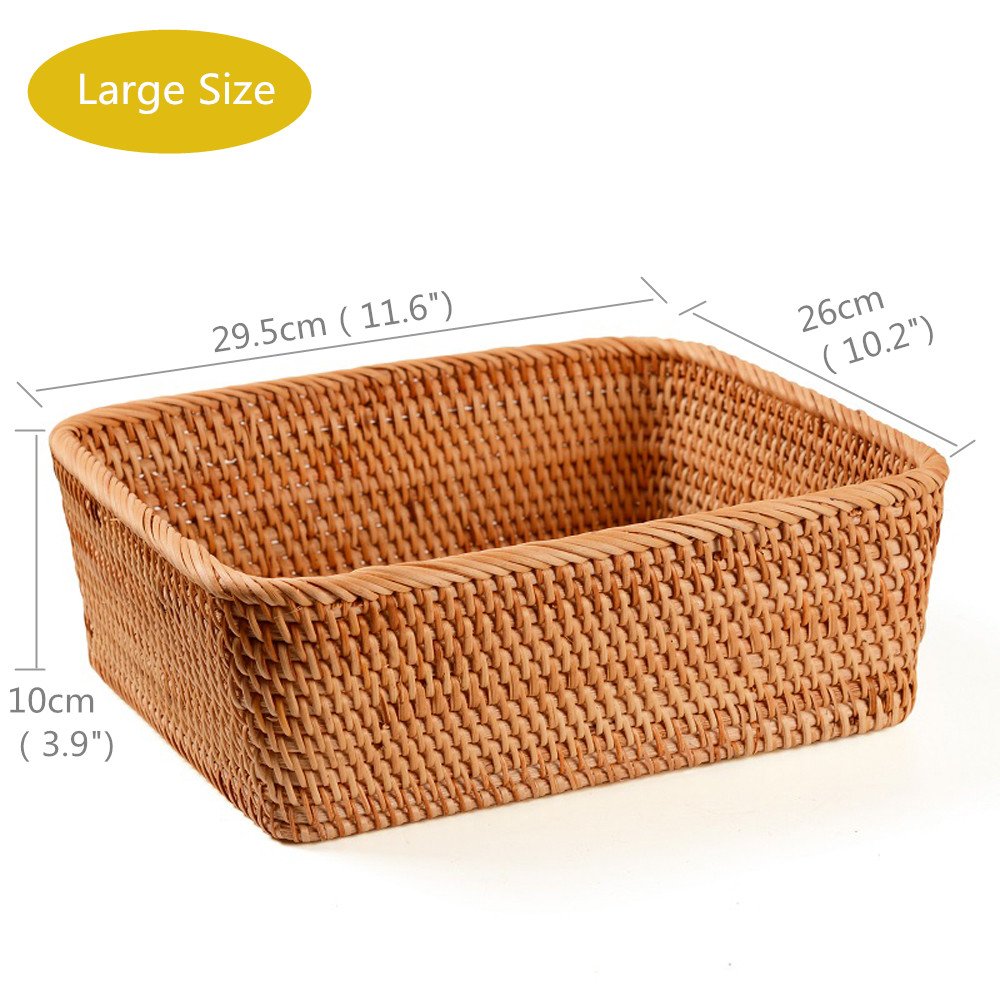 Handmade Rectangle Rattan Basket - 11.6 Inch Large Brown Woven Storage Tray for Fruits, Snacks, Bread, Keys & Magazines | Natural Home Decor Serving Bowl for Kitchen, Living Room & Bedroom Organization