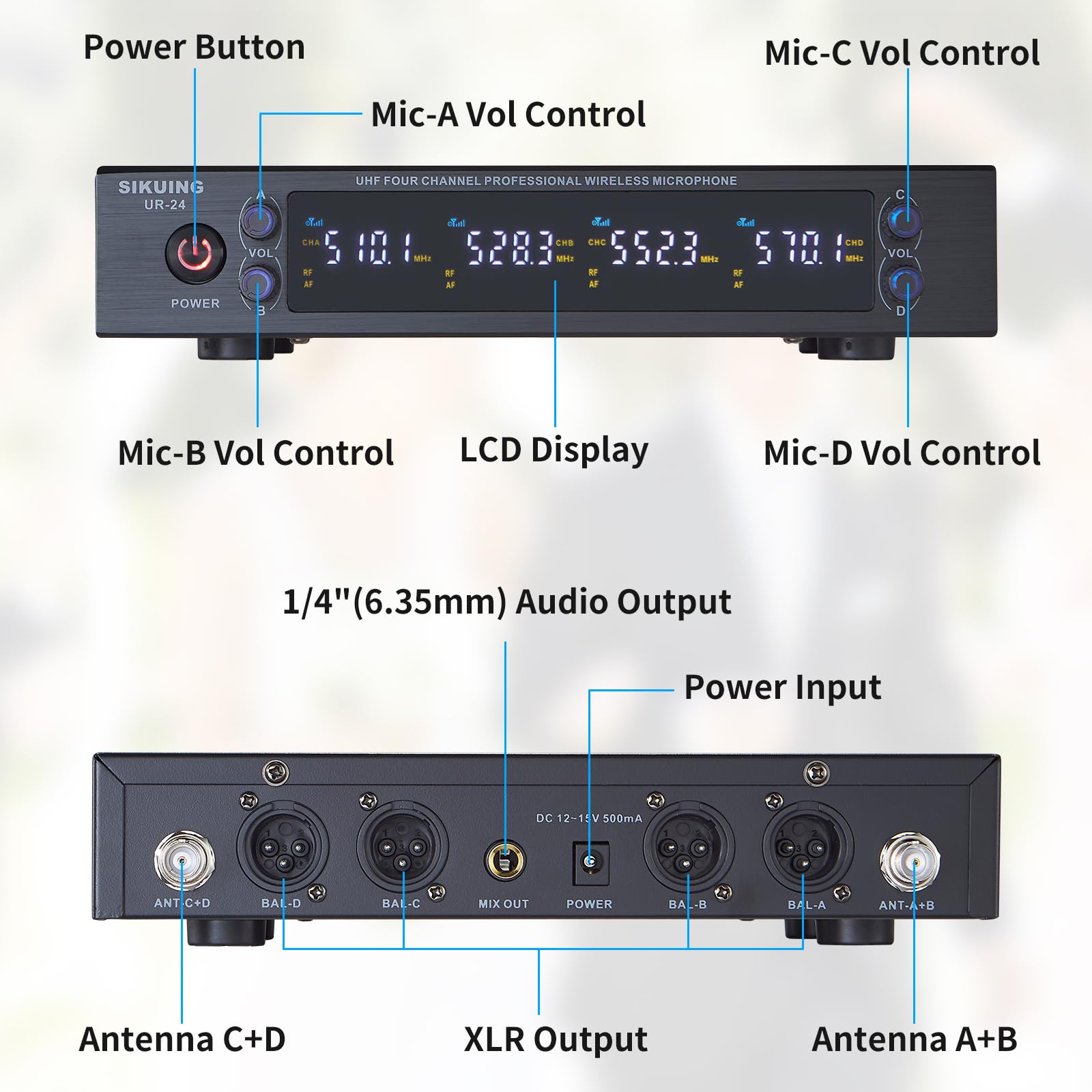 4 Channel UHF Wireless Microphone System with 4 Lavalier Headset Mics - 200 Adjustable Frequencies, 300ft Range - Perfect for Karaoke, Church, Meetings, School Presentations & Live Performances
