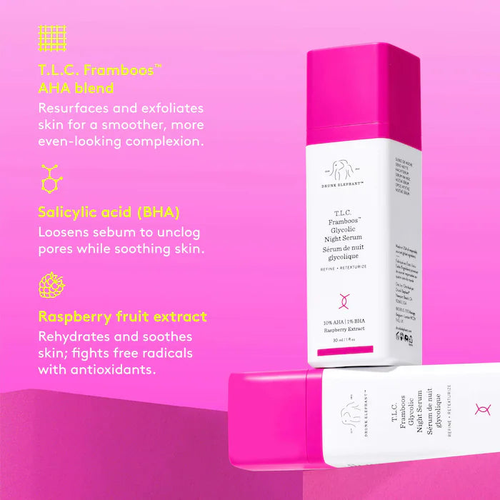Drunk Elephant T.L.C. Framboos Glycolic Night Serum - Exfoliating & Rejuvenating Face Treatment for Glowing Skin | Perfect for Nighttime Skincare Routine & Anti-Aging