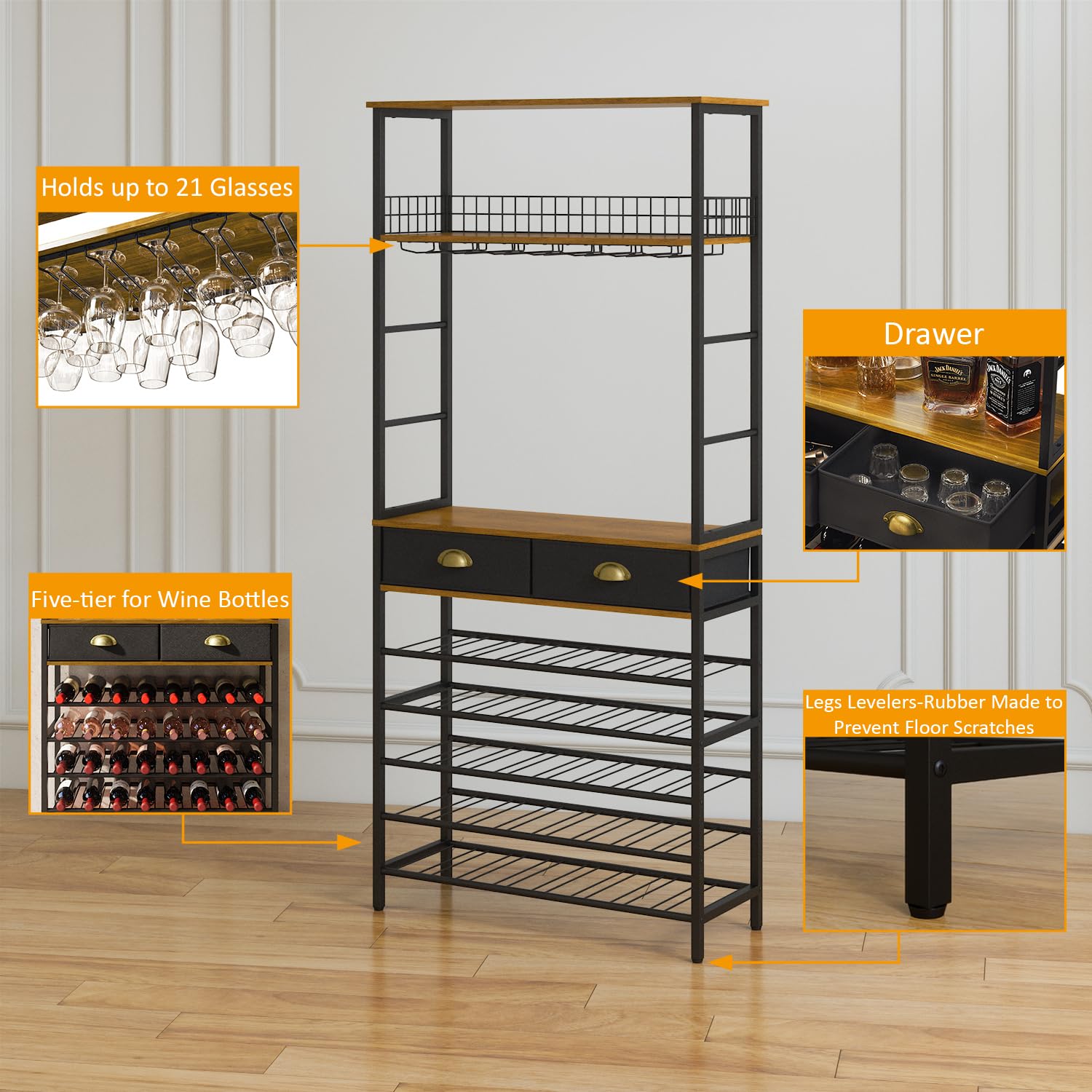 Freestanding Wine Rack with Glass Holder & 2 Storage Drawers - Modern Bar Cabinet with Shelves & Tabletop for Home Liquor & Wine Storage - Perfect for Dining Room, Kitchen, or Basement Bar Setup