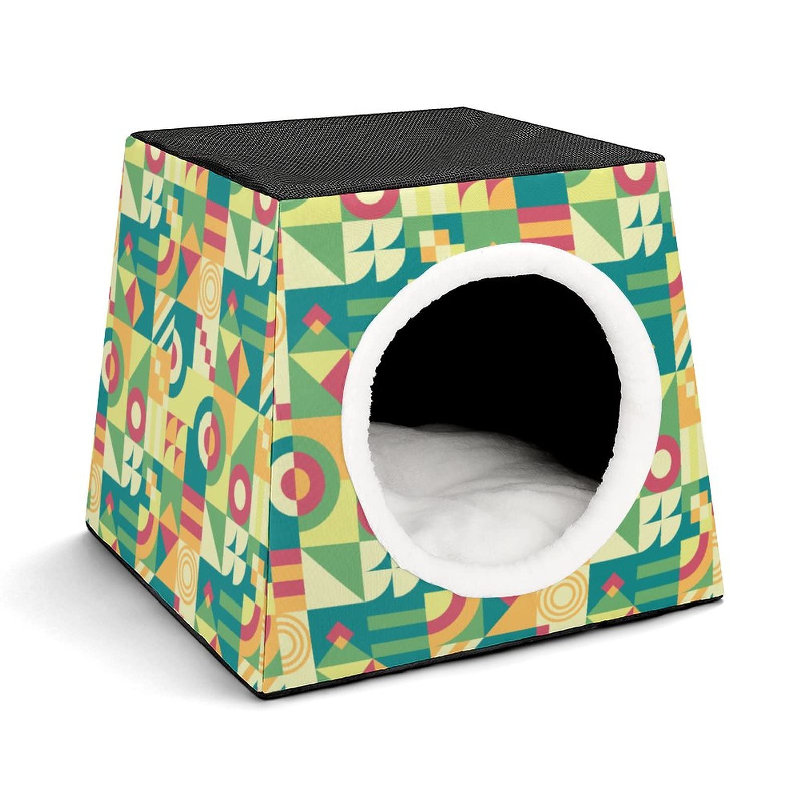 Printed Cat Houses & Condos - Foldable Cat Cube Bed with Removable Pillow, Green Abstract Puzzle Design - Cozy Pet Furniture for Indoor Cats, Perfect for Living Room, Bedroom or Office