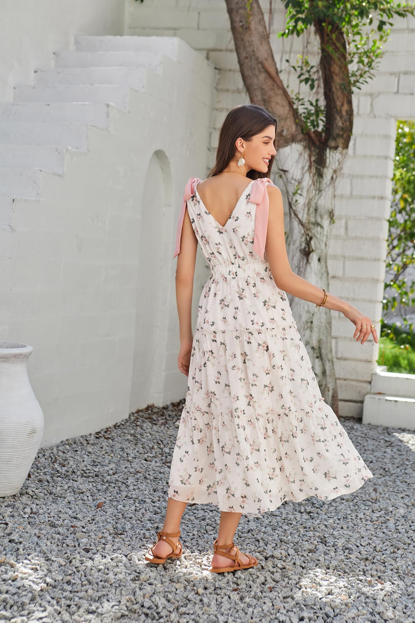 GRACE KARIN Women's Floral Summer Dress - Casual Flowy Long V-Neck Sleeveless Sundress with Tiered Skirt & Bow Detail | Perfect for Beach Wedding Guest, Vacation, and Outdoor Summer Events