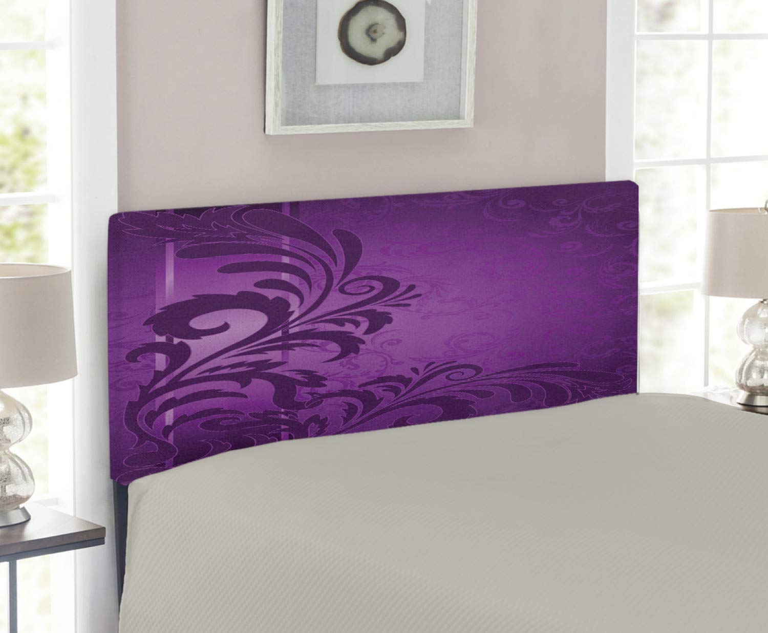 Ambesonne Purple Upholstered Headboard with Memory Foam - Twin Size Spiral Floral Branch Leaves Retro Abstract Design Metal Bed Headboard - Perfect for Bedroom Decor, Guest Room & Dormitory (Plum Purple)