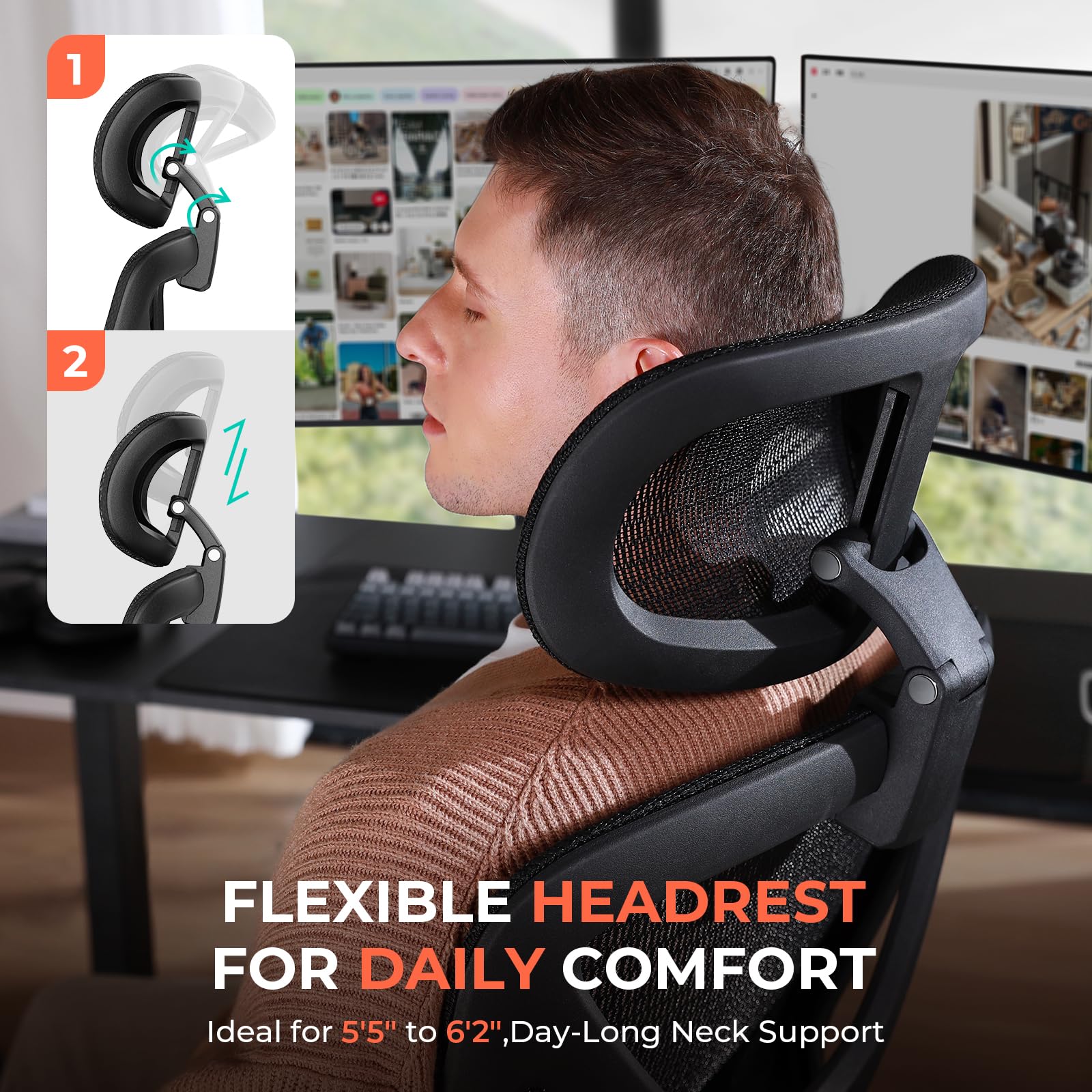 Ergonomic Mesh Office Chair with Adjustable Lumbar Support - High Back Desk Chair for Heavy Duty 400lbs - 4D Flip-Up Arms & 3-Level Tilt Backrest - 3D Headrest & PU Wheels - Swivel Rolling Computer Chair for Long Hours Desk Work - Perfect for Home Office, Gaming Setup & Professional Workspaces