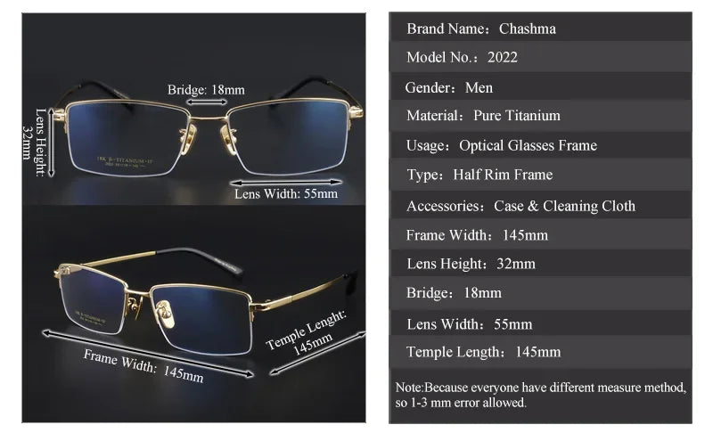 Men's Titanium Semi-Rimless Square Eyeglasses - Lightweight & Durable Frame for Work, Reading & Everyday Use