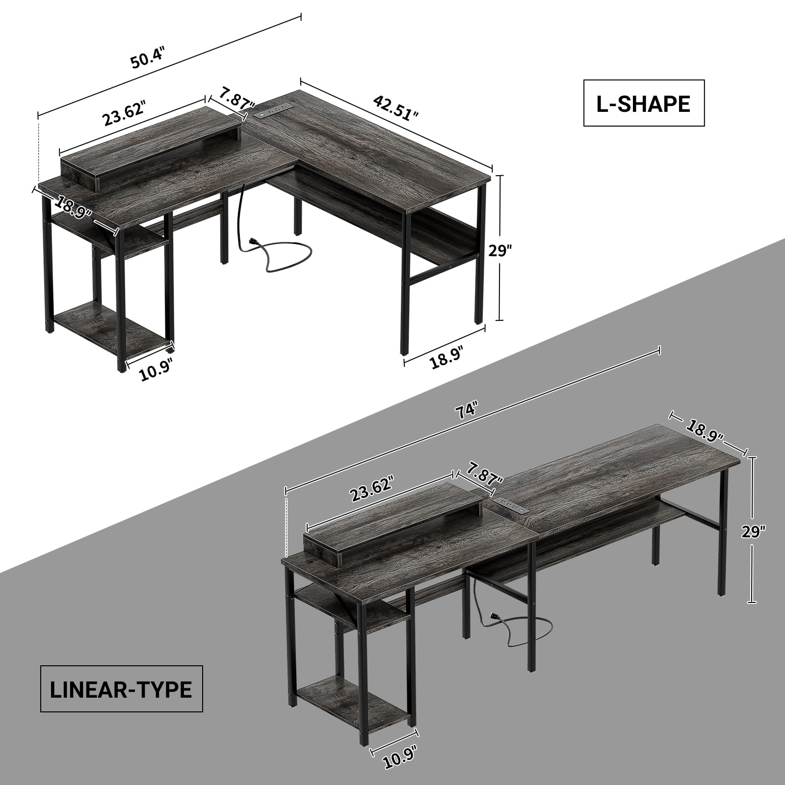 Unikito Reversible L-Shaped Desk with Power Outlets & RGB LED Lighting - Ergonomic Computer Desk with Monitor Stand & Storage Shelves - Black Oak Home Office Corner Desk (Easy Assembly) - Perfect for Gaming Setup, Remote Work & Small Space Solutions