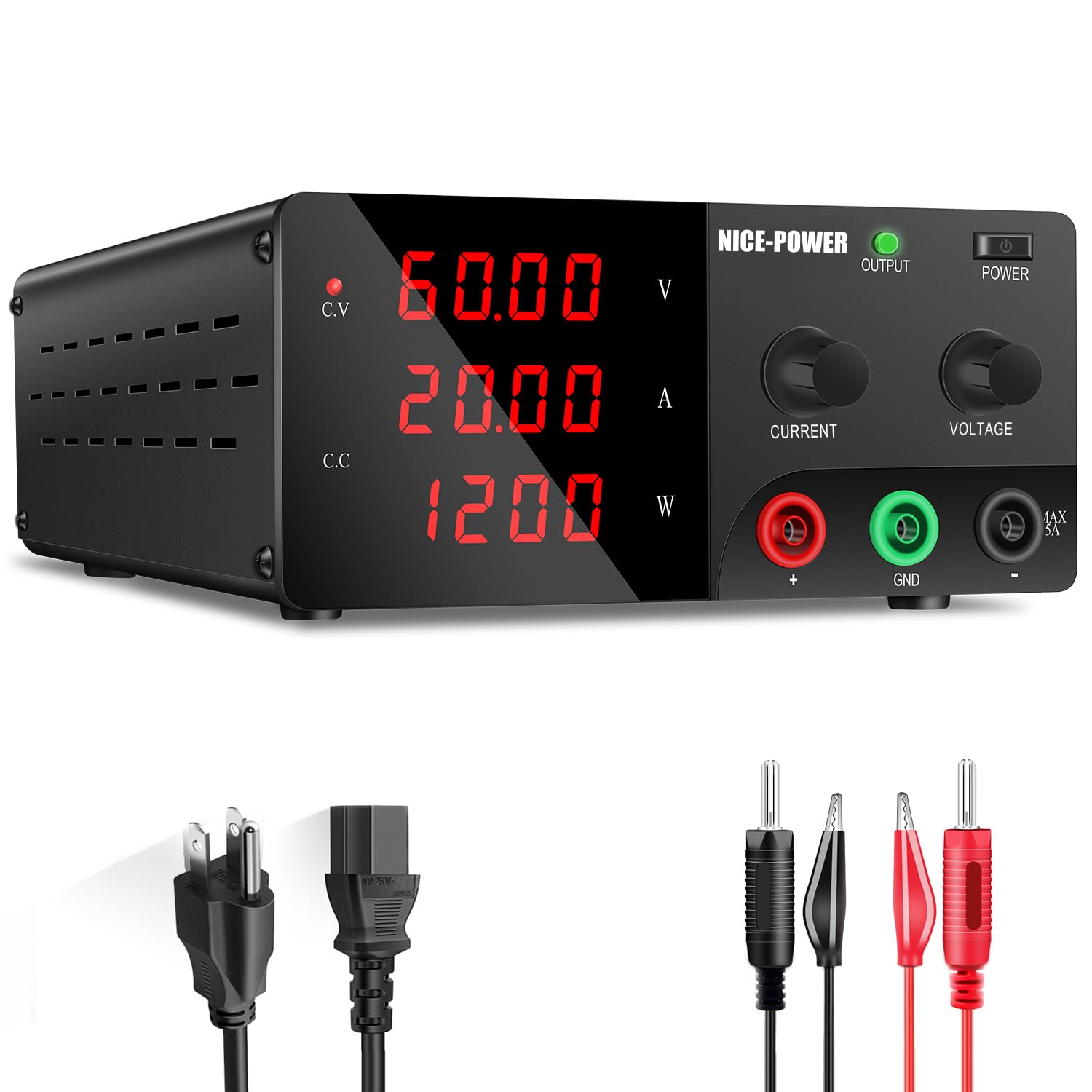 NICE-POWER 60V 20A 1200W Adjustable DC Power Supply with Encoder Knob & Output Switch - High Precision Variable Bench Power Supply for Electronics Repair, Lab Testing, and DIY Projects