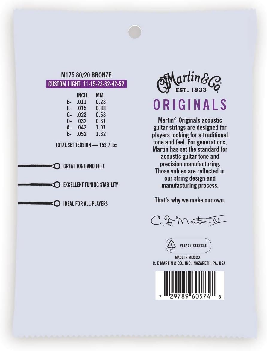 Martin C.F. Original M175 80/20 Bronze Acoustic Guitar Strings - Light Gauge (11-52) for Warm Tone & Playability | Perfect for Folk, Blues & Fingerstyle Players