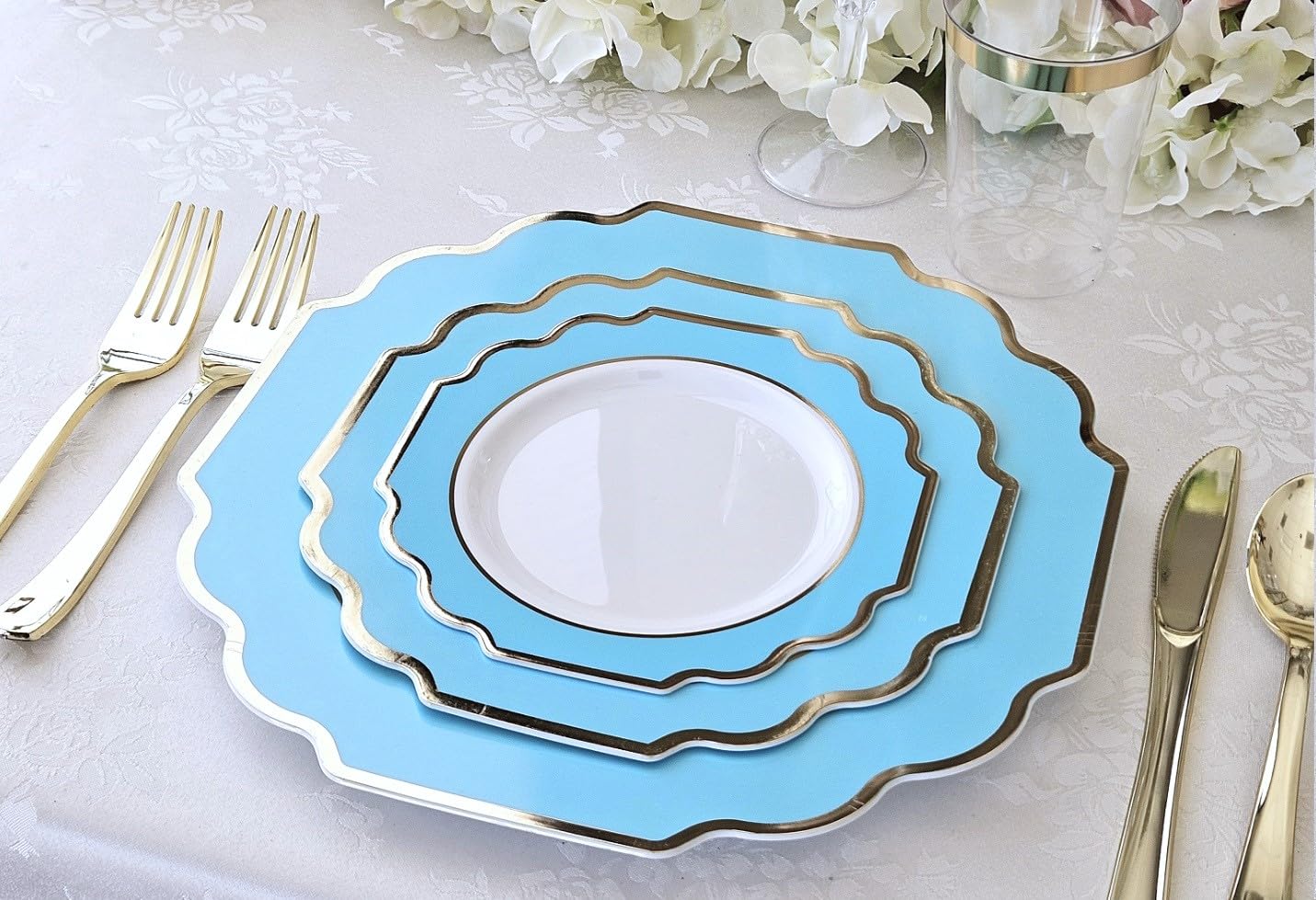 240-Pack Heavyweight Disposable Plastic Plates Set for Weddings & Parties - 120 x 10.5'' Dinner Plates + 120 x 8'' Salad/Dessert Plates (Imperial Aqua/Gold) - Perfect for Catering, Buffets, and Large Gatherings