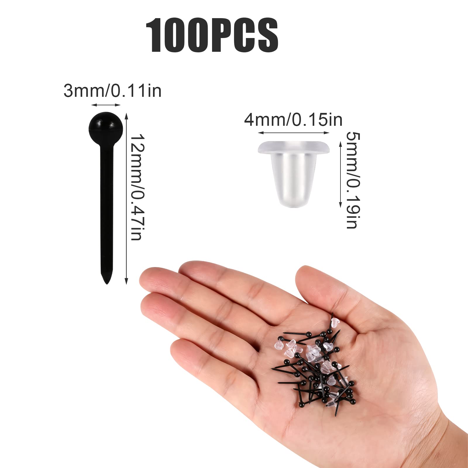 100 Pairs Black Plastic Ball Stud Earrings with Rubber Backs - Hypoallergenic Earring Posts for Men & Women - Perfect for Sports, School, Work & Everyday Wear