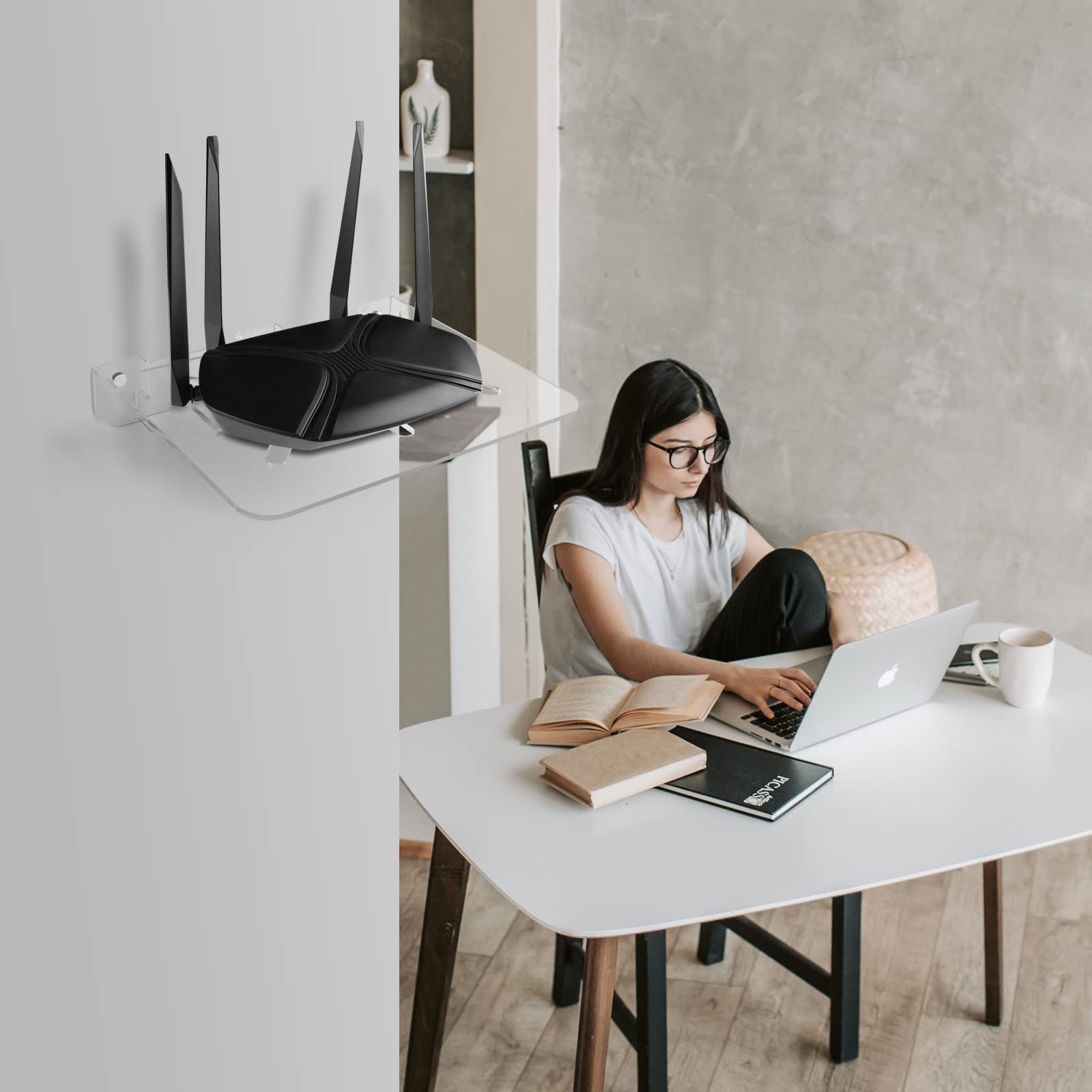 Universal WiFi Router Wall Mount Shelf - Clear Acrylic Floating Shelf Holder for Router, Modem, Mini Projector, TV Box & Speaker - 12.2 x 10.03 Inch - Perfect for Home Office, Living Room & Entertainment Setup