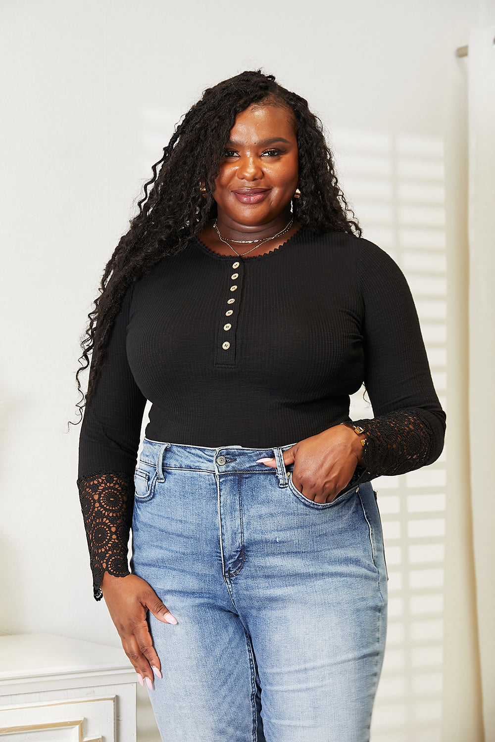 Elegant Black Crochet Lace Hem Sleeve Button-Down Blouse for Women | Perfect for Office Wear, Date Nights & Summer Outfits