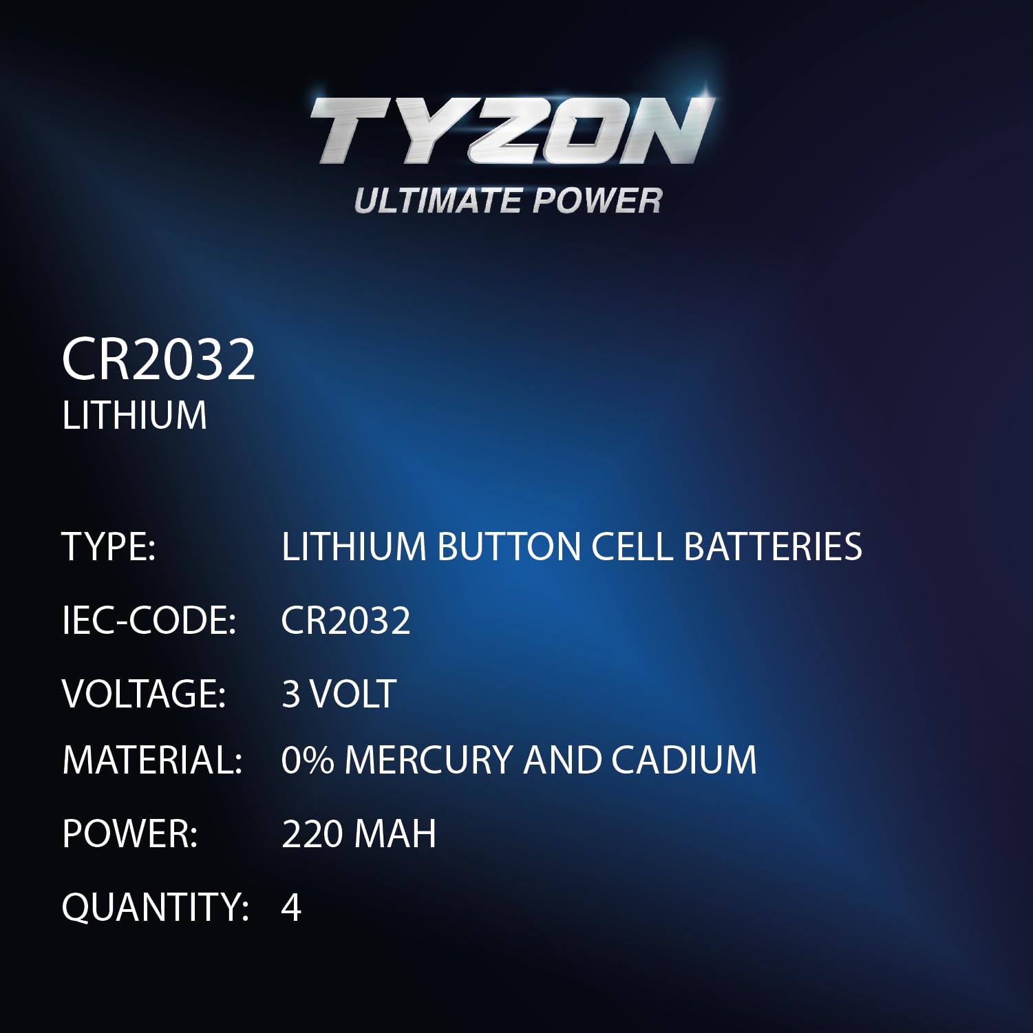 Tyzon CR2032 Lithium Batteries 4-Pack - Long Lasting 3V Coin Cell Batteries for Watches, Key Fobs, Calculators & Electronics - Ideal for Home, Office & Travel Use