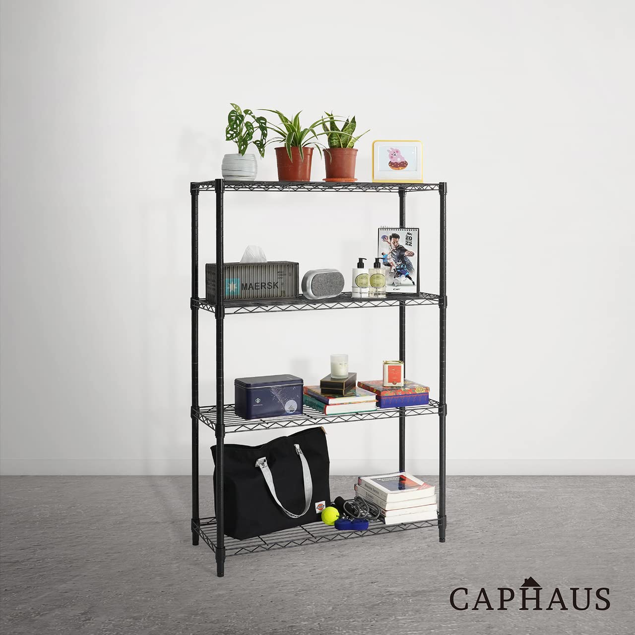 CAPHAUS 4-Tier Adjustable Height Wire Shelving Unit - Heavy Duty Metal Steel Storage Rack for Garage, Kitchen, Pantry & Closet Organization - Black Utility Shelf Without Wheels