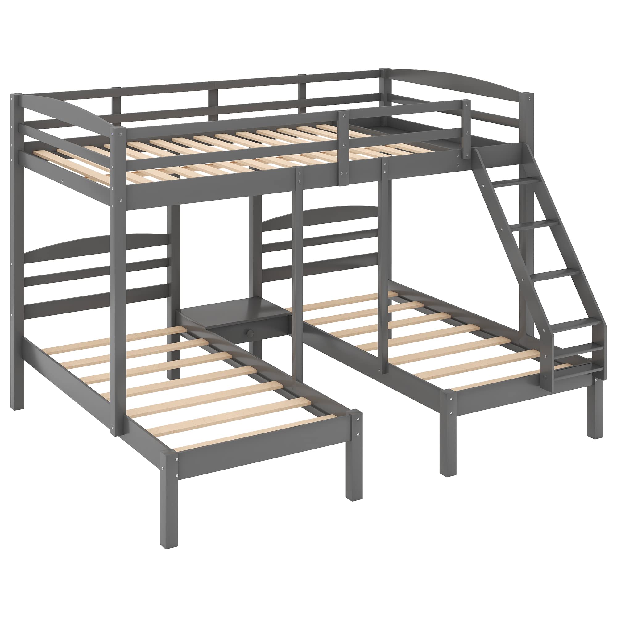 Harper & Bright Designs Full Over Twin & Twin Wood Triple Bunk Bed Frame with Guardrails - Sturdy Grey Bedroom Furniture for Kids, Teens & Guest Rooms | Space Saving Solution for Small Homes & Shared Bedrooms