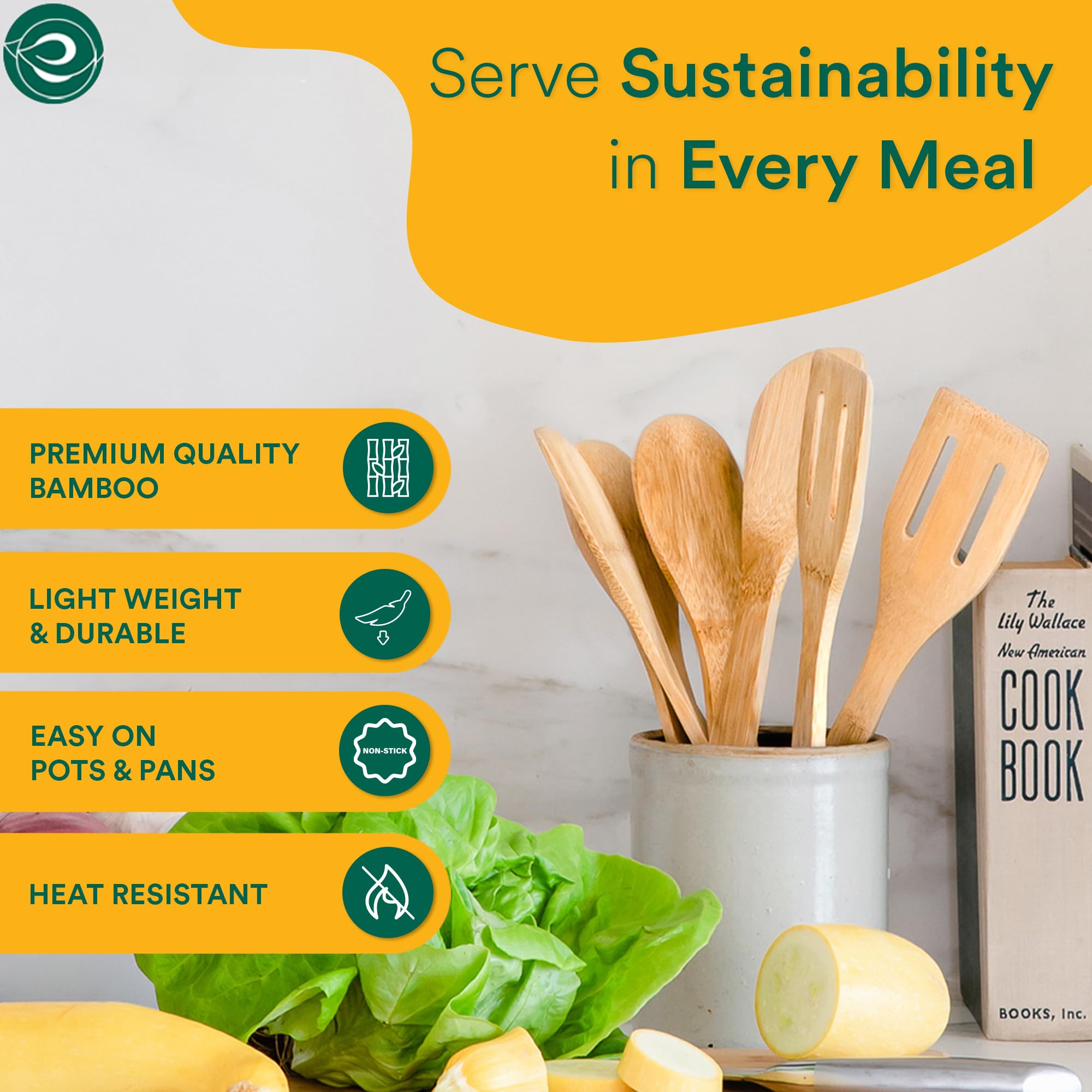 ECO SOUL [Set of 6] Bamboo Cooking Utensils - Non-Stick Wooden Spoons, Ladles & Turners for Kitchen | USDA Certified 30cm Bamboo Wooden Kitchen Tools | Perfect for Cooking, Serving, Mixing & Healthy Meal Prep