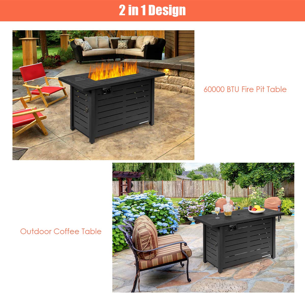 Giantex 42 Inch 60,000 BTU Rectangular Propane Fire Pit Table with Waterproof Cover & Electronic Ignition - Outdoor Gas Fire Table with Lava Rocks for Patio, Backyard, Garden, Terrace, Deck (Perfect for Entertaining & Relaxing)