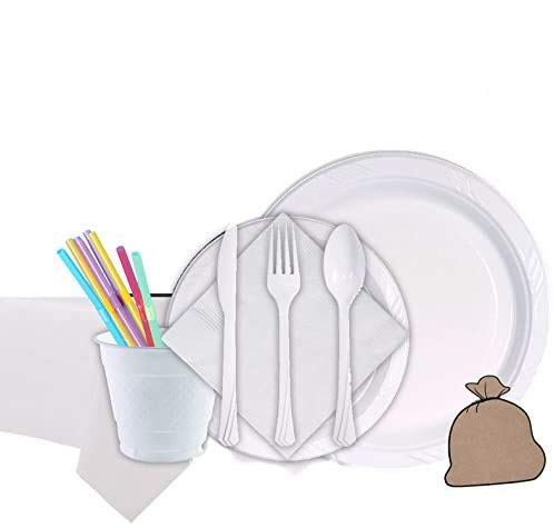Tiger Chef White Plastic Party Pack - 9 & 7 Inch Disposable Plates, 9oz Cups, Cutlery, Napkins, Straws & 54x108 Inch Table Cover - Perfect for 4th of July, BBQs, Picnics & Patriotic Celebrations