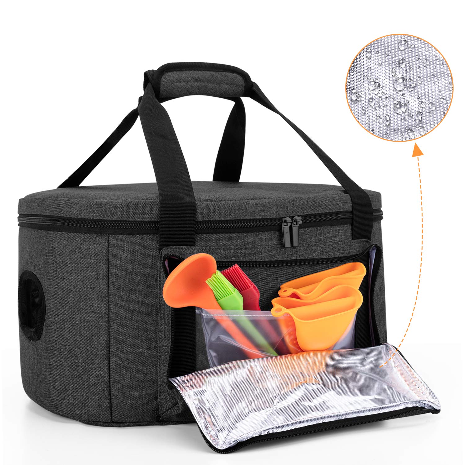 LUXJA Insulated Slow Cooker Bag with Bottom Pad & Lid Straps - Portable Thermal Carrier for 6-8 Quart Oval Slow Cookers (Black) - Perfect for Potlucks, Picnics & Keeping Meals Warm at Parties