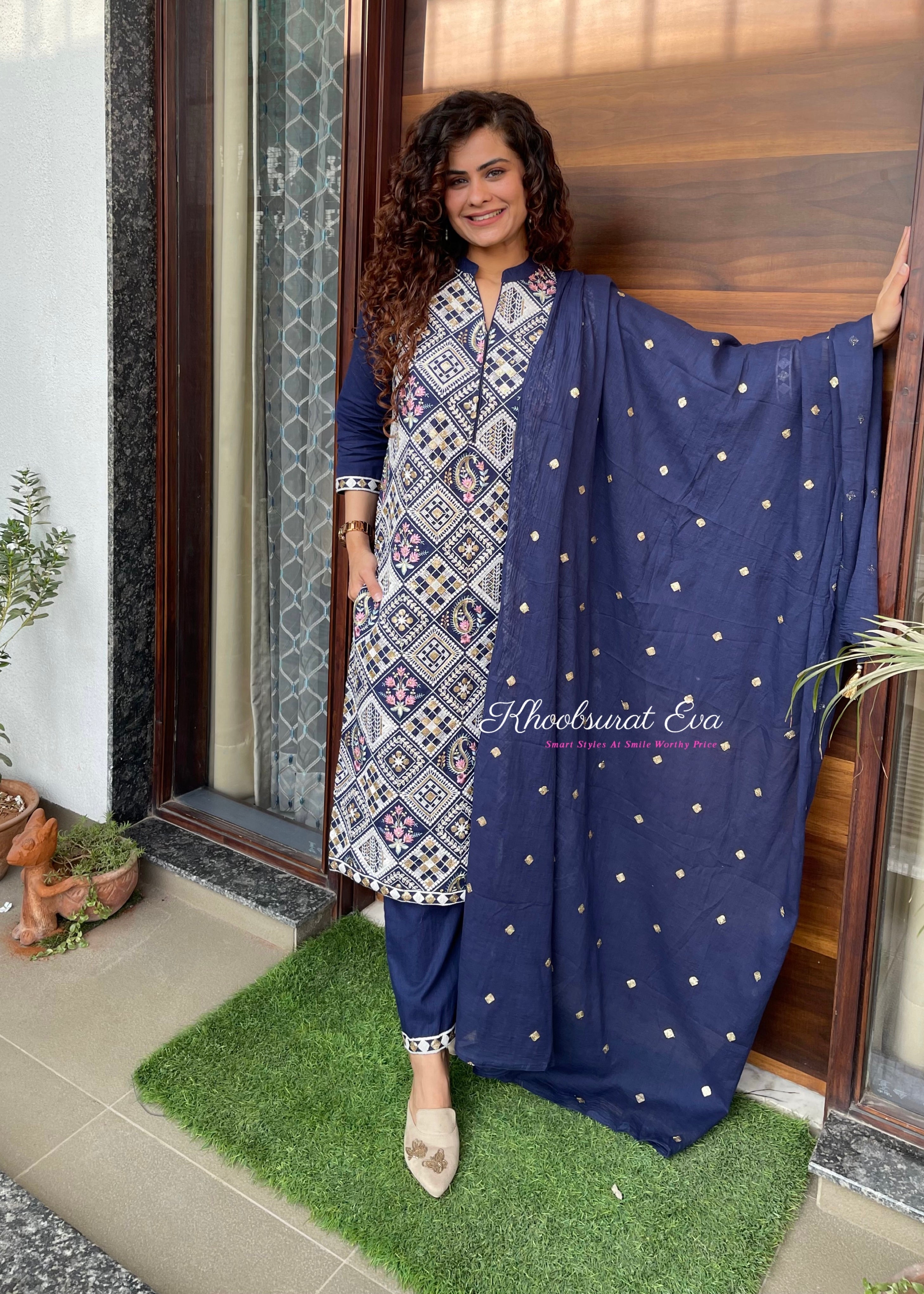 Blue Embroidered Festival Suit Set for Women - Traditional Ethnic Outfit for Parties & Celebrations - Perfect for Diwali, Weddings & Cultural Events