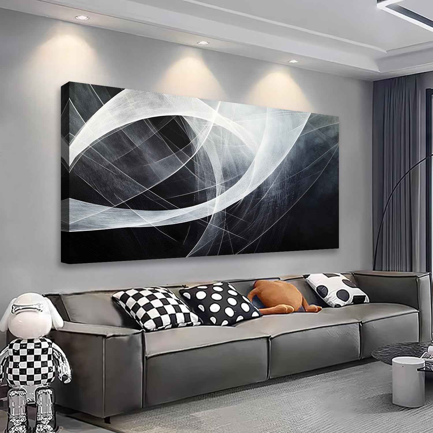 Modern Abstract Canvas Wall Art - Black & White Geometric Framed Print 20x40 Inches, Home Decor for Living Room, Bedroom & Office | Perfect for Contemporary Spaces & Wall Accents