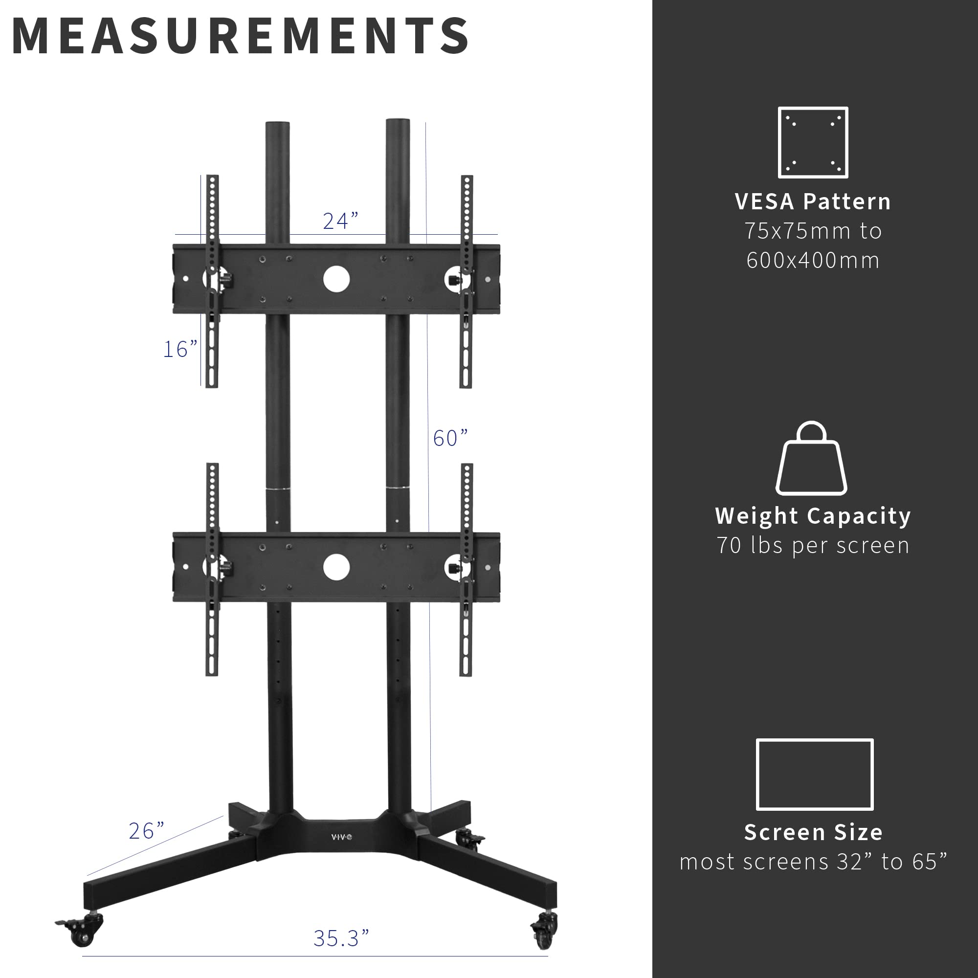 VIVO Dual TV Stand Cart for 32-65 Inch Screens - Holds 2 TVs up to 70 lbs Each - Compatible with LCD, LED, OLED, 4K Smart Flat & Curved TVs - Rolling Stand with Locking Wheels - Max VESA 600x400 - Black (STAND-TV03E2) - Perfect for Home Theater, Gaming Setup, and Commercial Displays