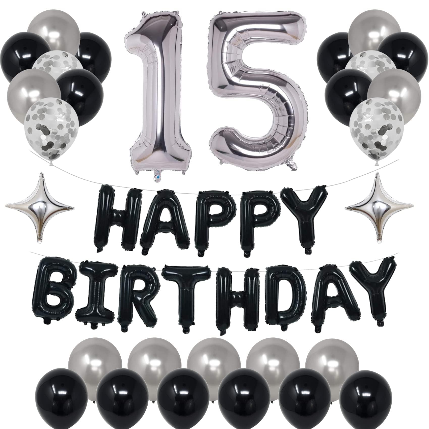 15th Birthday Party Decorations Set - Black & Silver Theme for Boys & Girls | Includes Happy Birthday Banner, Foil Stars & Balloons | Perfect for Quinceañera, Sweet 16 & Teen Birthday Celebrations