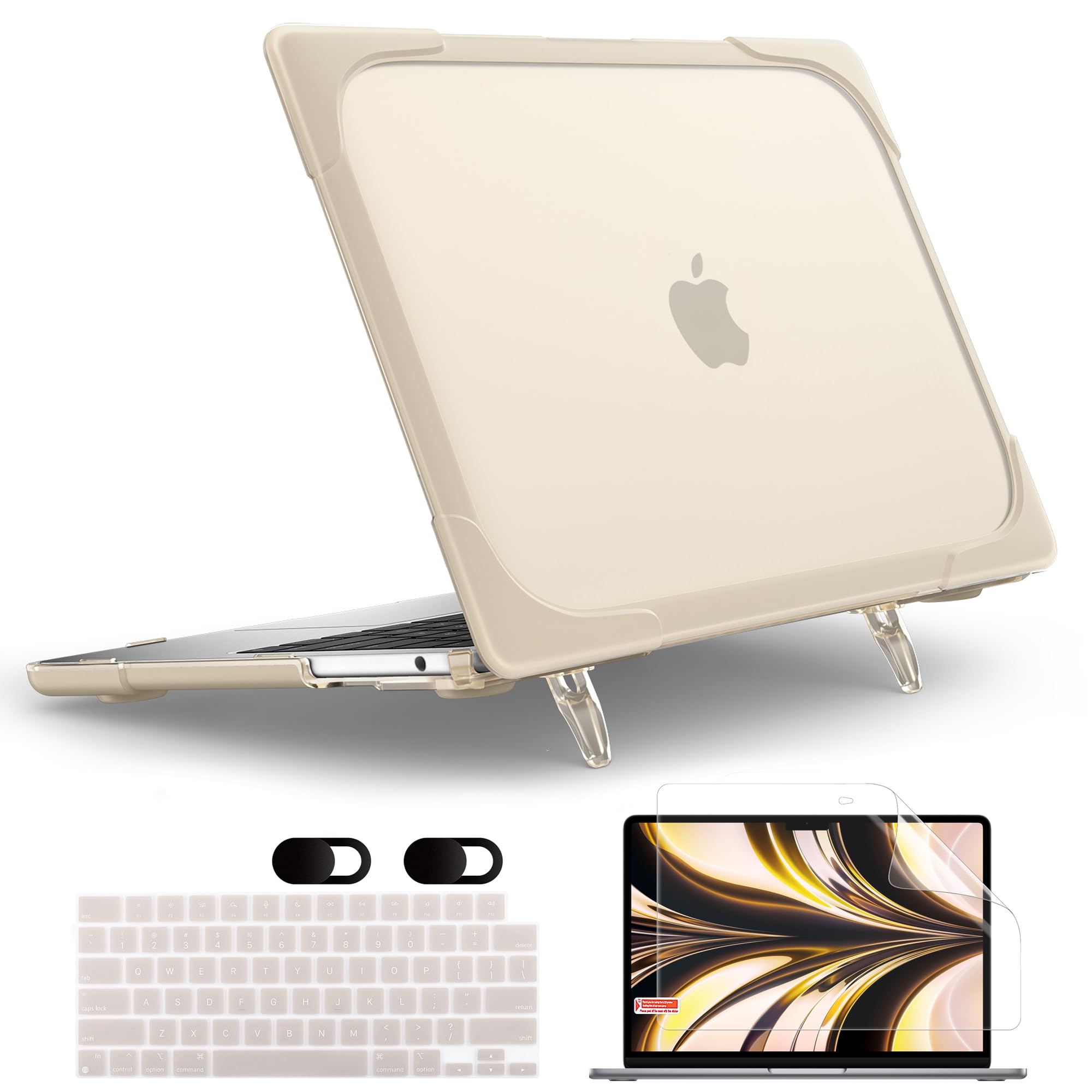 MEEgoodo Hard Shell Case for MacBook Air 13.6 inch (2022/2024/2025 Models A3240/A3113/A2681) - Compatible with M2/M3/M4 Chip - Shockproof Rugged Protective Cover with Kickstand (Khaki) - Perfect for Travel, Work & School Protection
