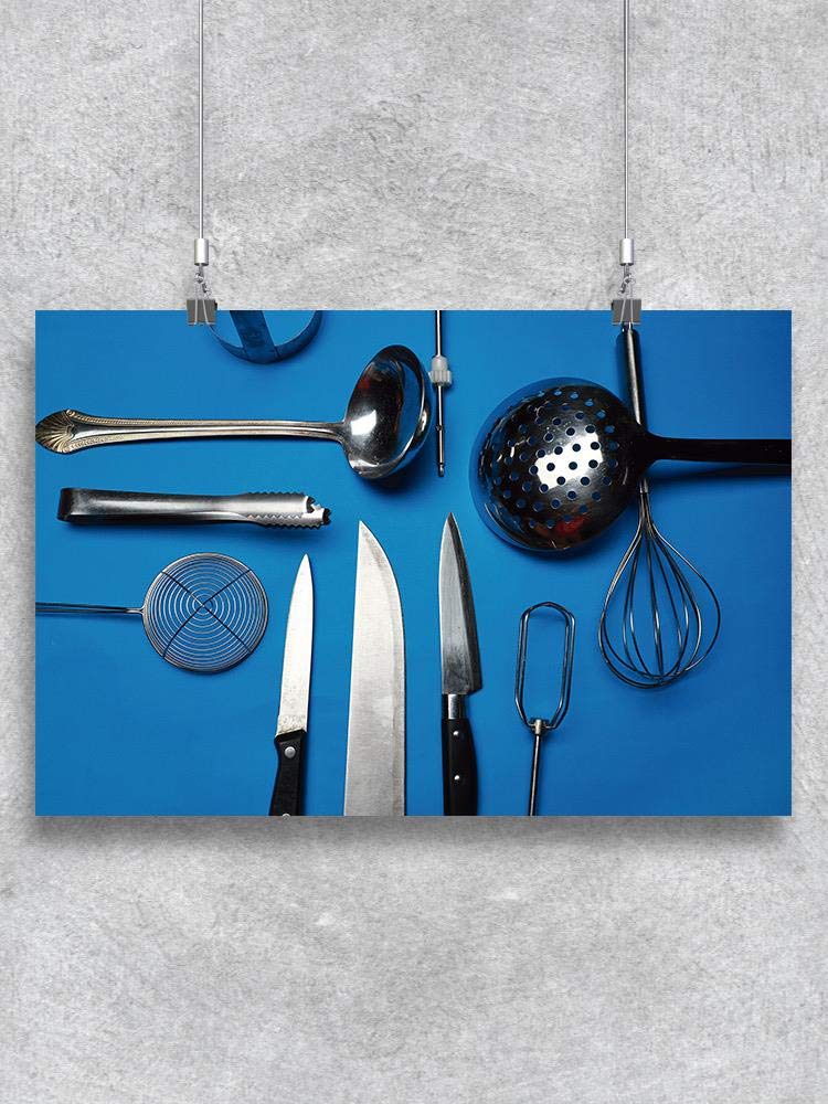 Premium Blue Backdrop Cooking Tools Poster - High-Quality Kitchen Decor for Home Chefs & Culinary Enthusiasts - Perfect for Kitchens, Restaurants & Cooking Classes