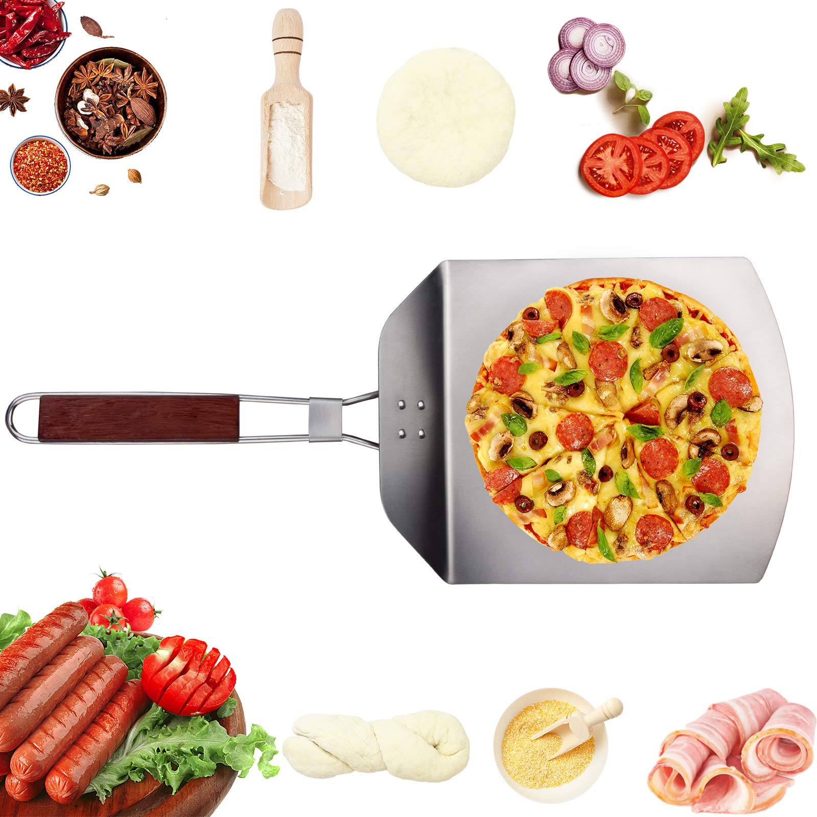 Stainless Steel Pizza Peel with Foldable Wooden Handle - 10 Inch Pizza Paddle for Outdoor Oven, Baking Stone & Bread Making | Perfect for Home Kitchens, Backyard BBQs & Wood-Fired Pizza Parties