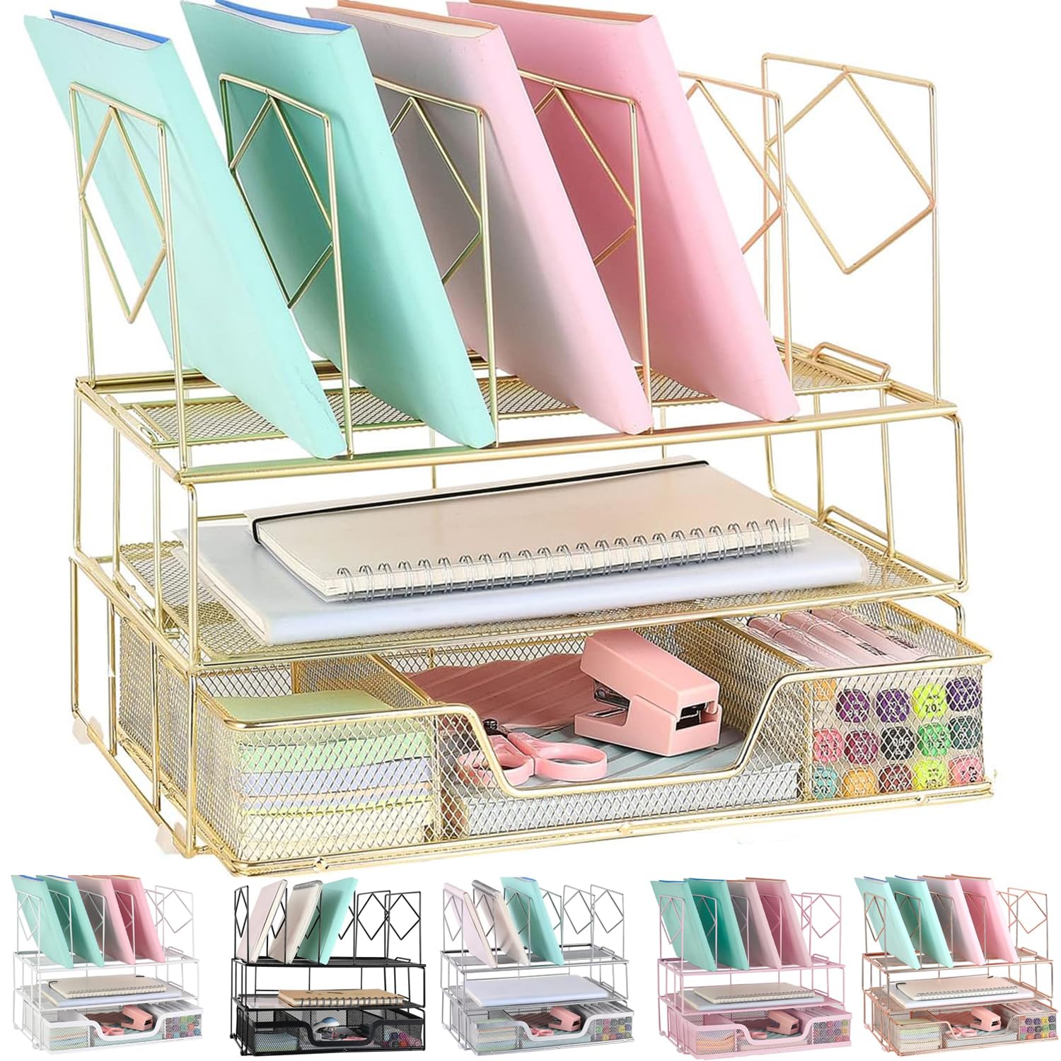 Premium Gianotter Office Catalog Racks - 5-Compartment Gold Desk Organizer for Files, Magazines & Office Supplies - Perfect for Home, Office & Workspace Organization