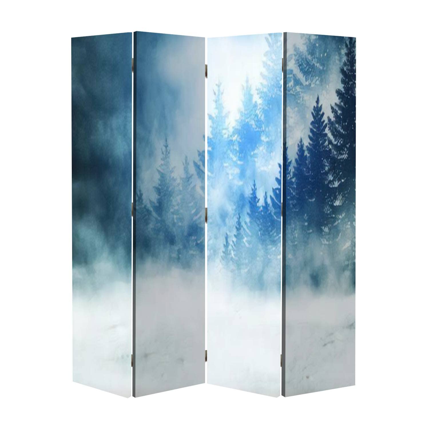 4 Panel Canvas Room Divider - Dark Winter Forest Night Scene with Snow Moonlight & Neon Figure - Privacy Partition Screen for Home, Office, Bathroom - Perfect for Creating Private Spaces in Studios, Dorms, and Meditation Areas