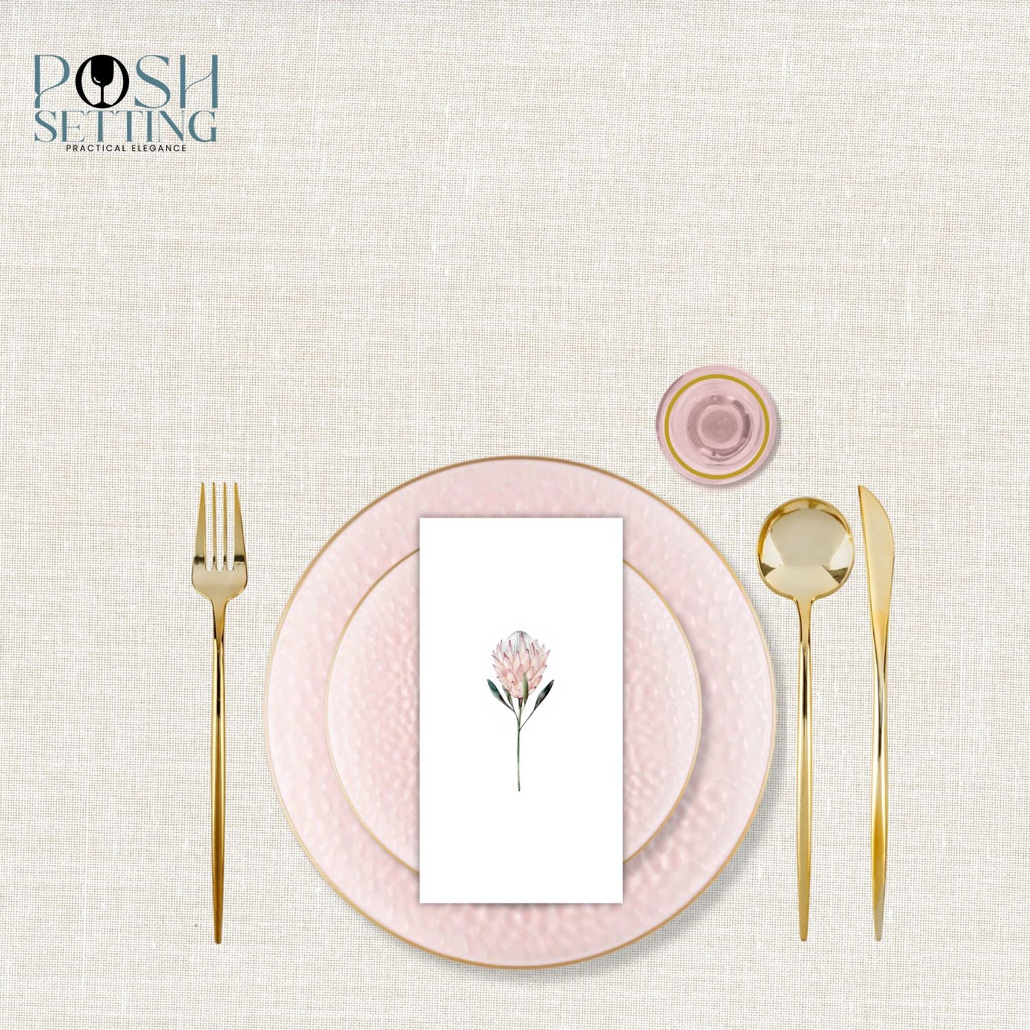 Pink and Gold Disposable Plastic Deluxe Party Bundle - Premium Organic Hammered Tableware Set for Weddings, Birthdays & Special Events