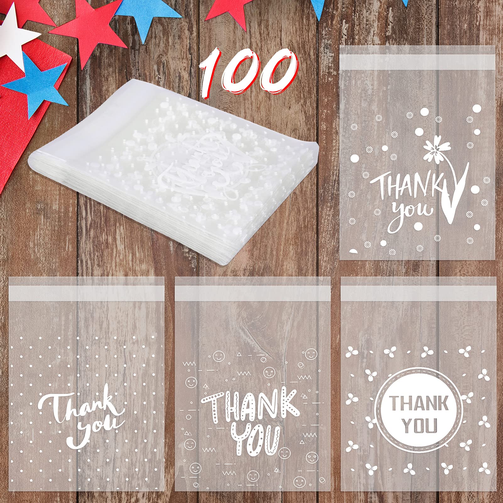 100-Pack Self-Adhesive Thank You Cookie Bags - 5.9×7 Inch Plastic Treat Bags for Candy, Sweets & Biscuits | Perfect for Birthday Party Favors, Wedding Favors & Gift Packaging | Reusable Cellophane Goodie Bags for Desserts & Snacks