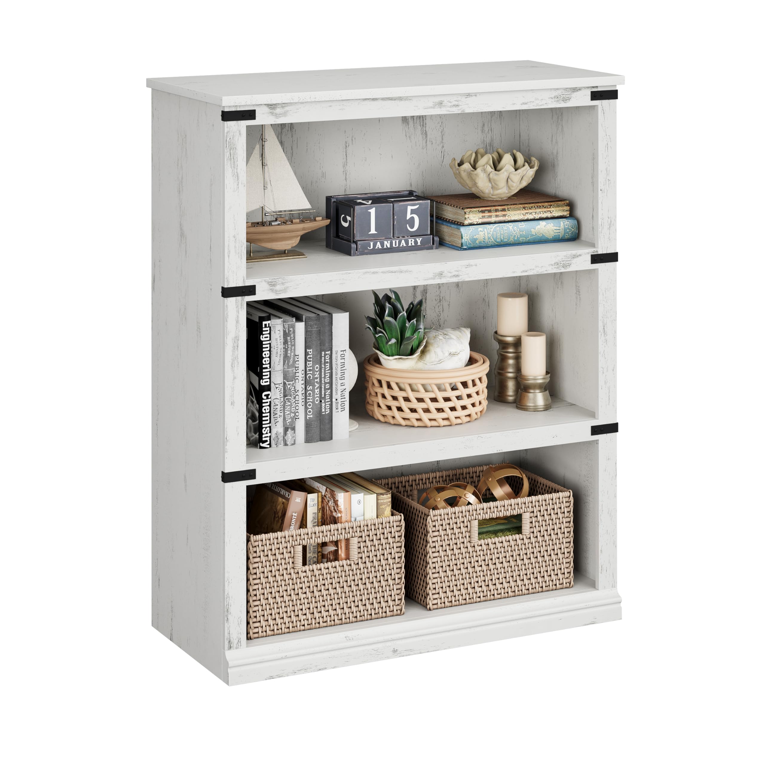 GARVEE 3-Tier Wooden Bookshelf - Farmhouse Style Open Storage Bookcase with 43.3