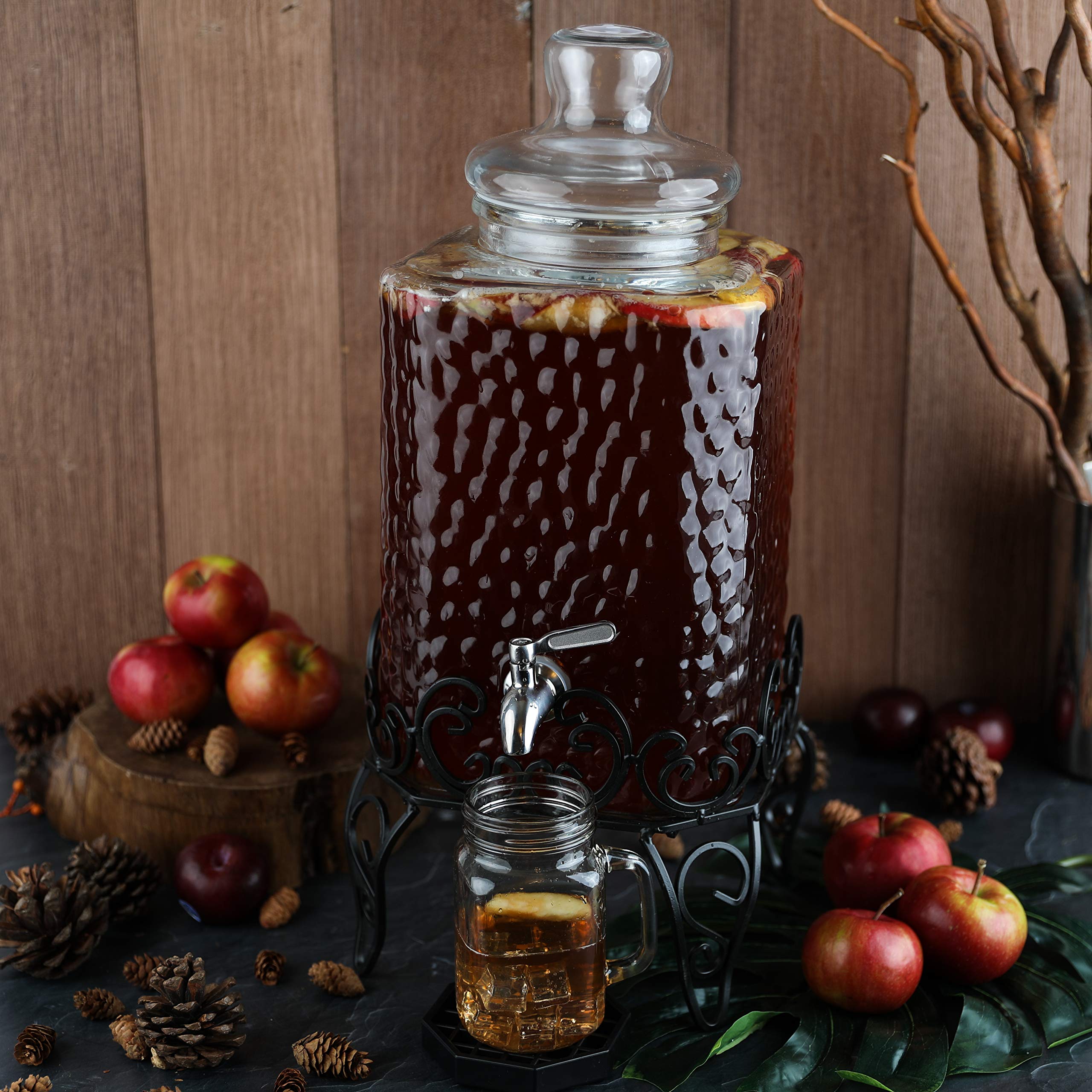 2.5 Gallon Glass Beverage Dispenser with Stand & Stainless Steel Spigot - Large Mason Jar Drink Dispenser for Sun Tea, Kombucha, Iced Tea, Lemonade, Sangria & Cold Drinks - Perfect for Parties, BBQs, Weddings & Outdoor Events