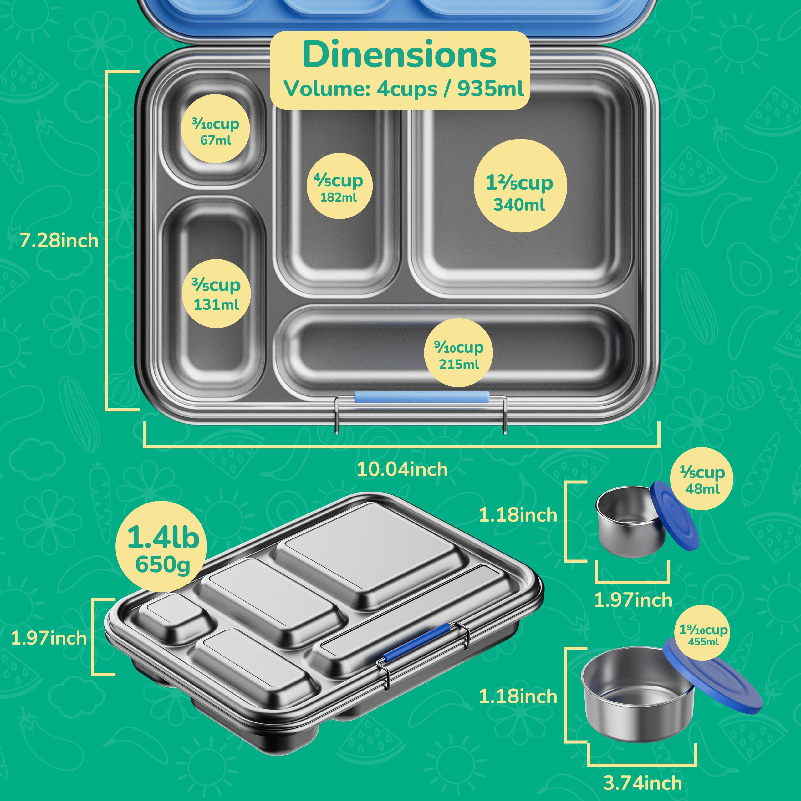 Stainless Steel Bento Lunch Box for Kids - BPA Free 304 Grade Metal Food Container for School, Office & Picnics - Leak Proof & Durable (Blue)