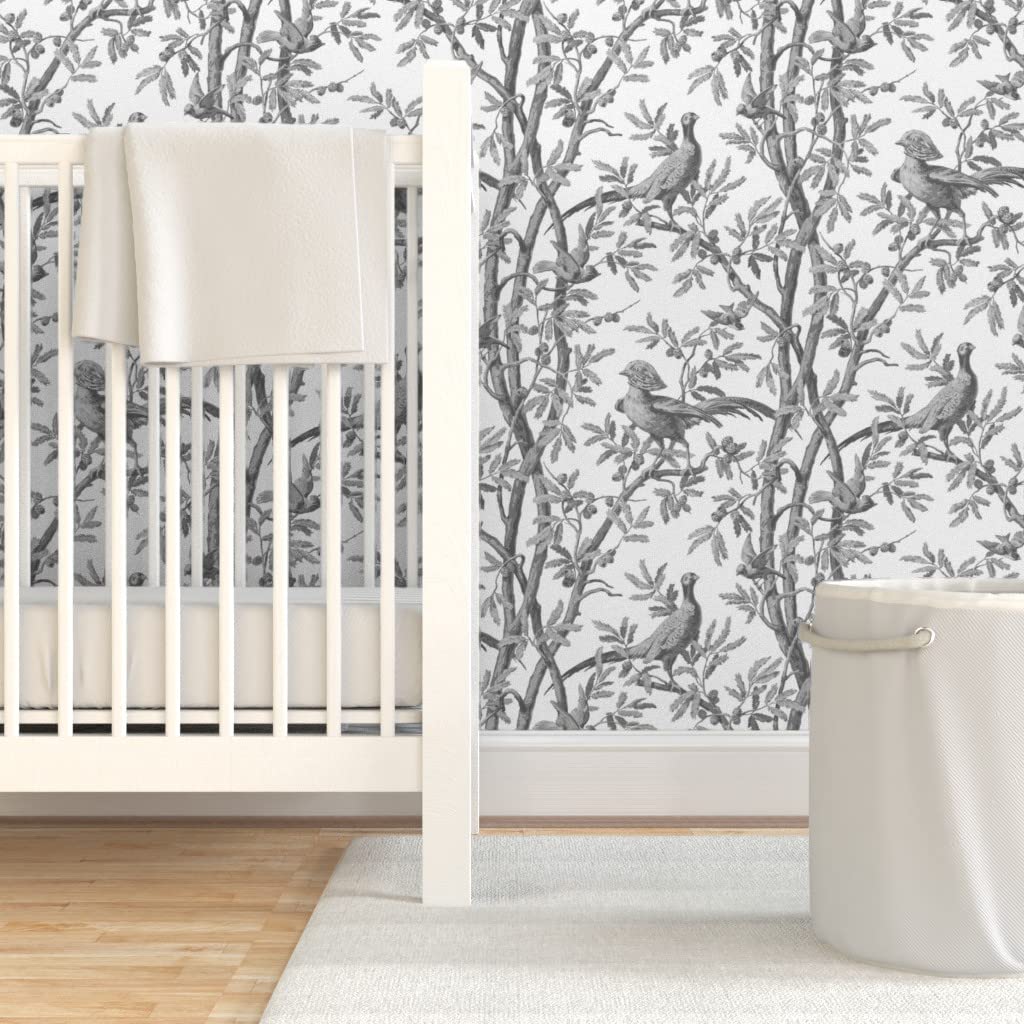 Removable Wallpaper Swatch - Gray Scale Branches Birds Trees Antique Romantic Chinoiserie Toile Custom Pre-Pasted Wallpaper | Perfect for Nursery, Bedroom & Home Office Decor | Spoonflower