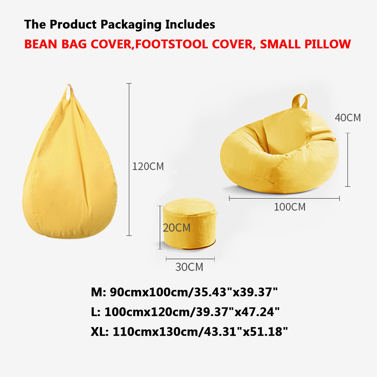Premium Bean Bag Chair Cover (No Filler Included) - 110x130cm Soft Sofa Slipcover for Adults & Kids - Stuffed Animal Storage Organizer with Matching Footstool - Chrome Fabric - Perfect for Living Rooms, Dorms & Playrooms