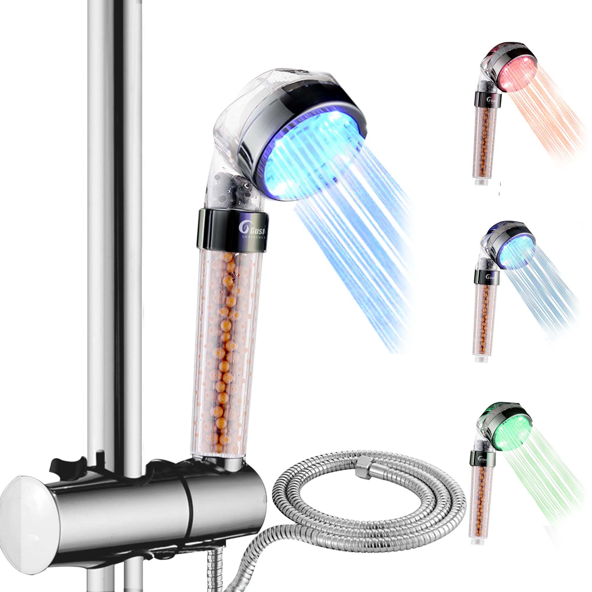 Gusto Coherence LED Color Changing Shower Head - Filtered Water Saving Spray with Temperature Control & Hose - Best for Dry Skin & Hair Care - Perfect for Spa, Bathroom & Relaxation