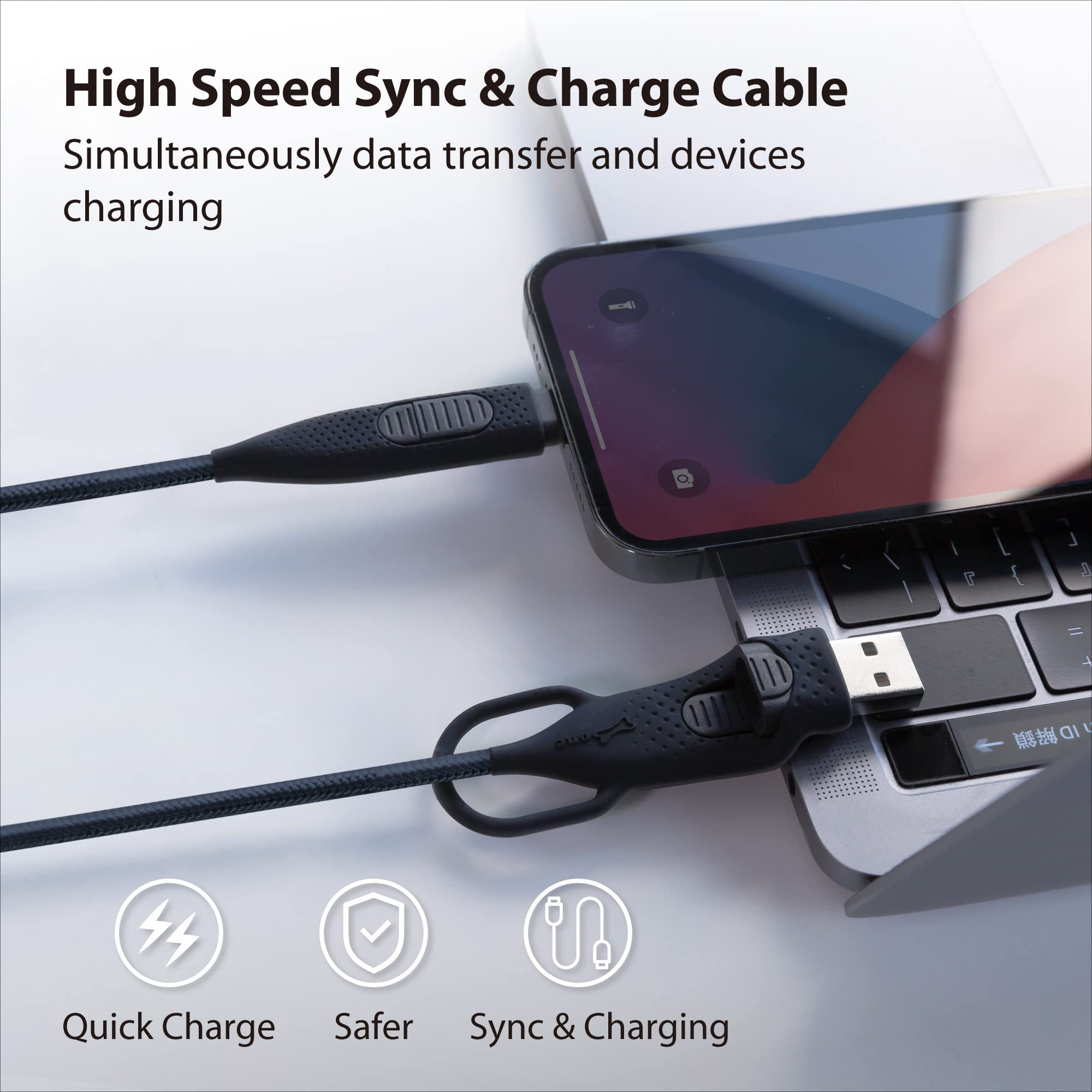 Premium BONE 4-in1 Charging Cable with Interchangeable Adapters (USB-C/USB-A/Micro USB) - Durable Nylon Braided Cord - Fast Charging for iPhone, Samsung, Android Smartphones, iPad & Tablets - Perfect for Home, Office & Travel - Black