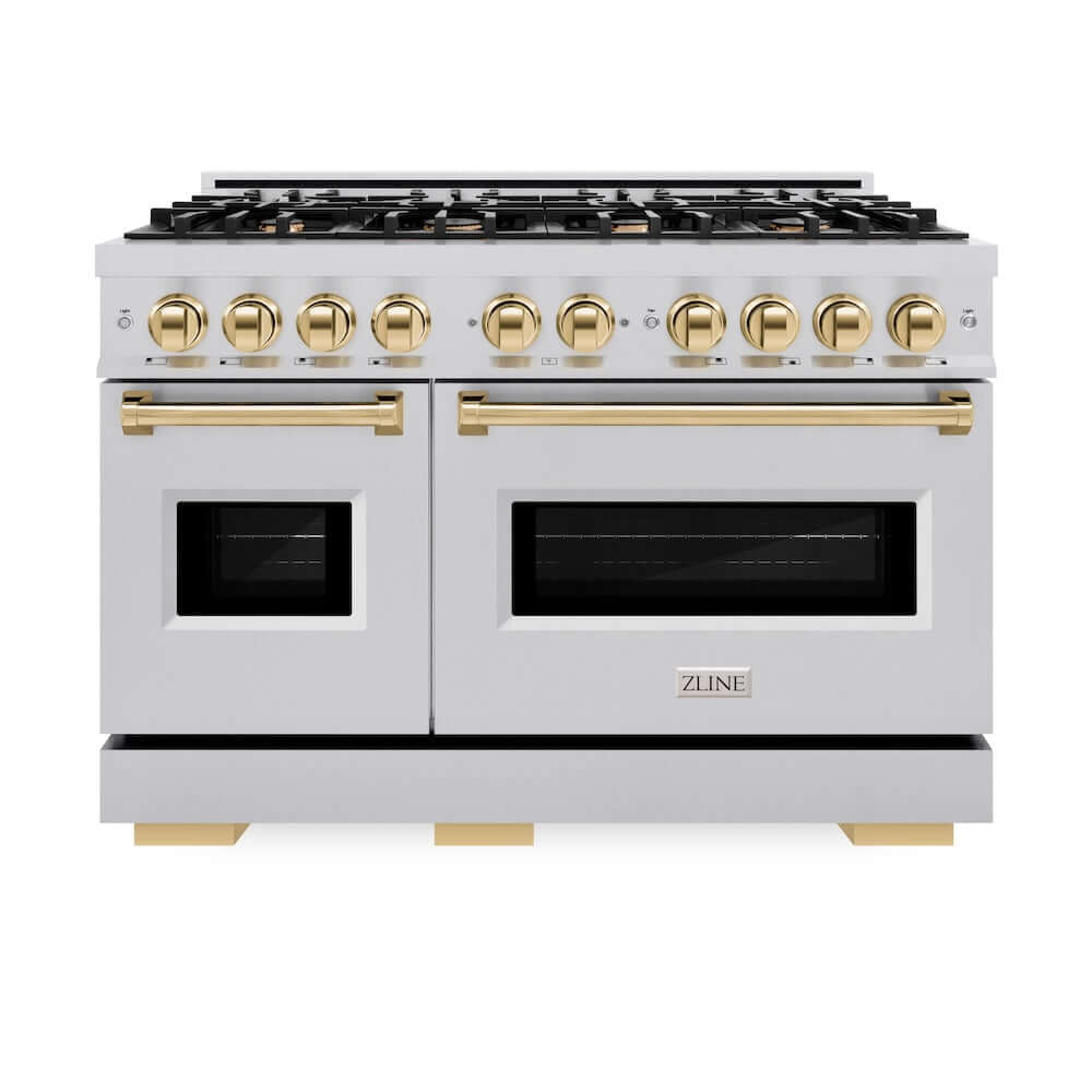 ZLINE Autograph Edition 48-inch 6.7 cu. ft. Classic Double Oven Gas Range with 8 Burner Cooktop - Stainless Steel with Polished Gold Accents (CGRZ 48 G) - Perfect for Large Kitchens and Professional Chefs