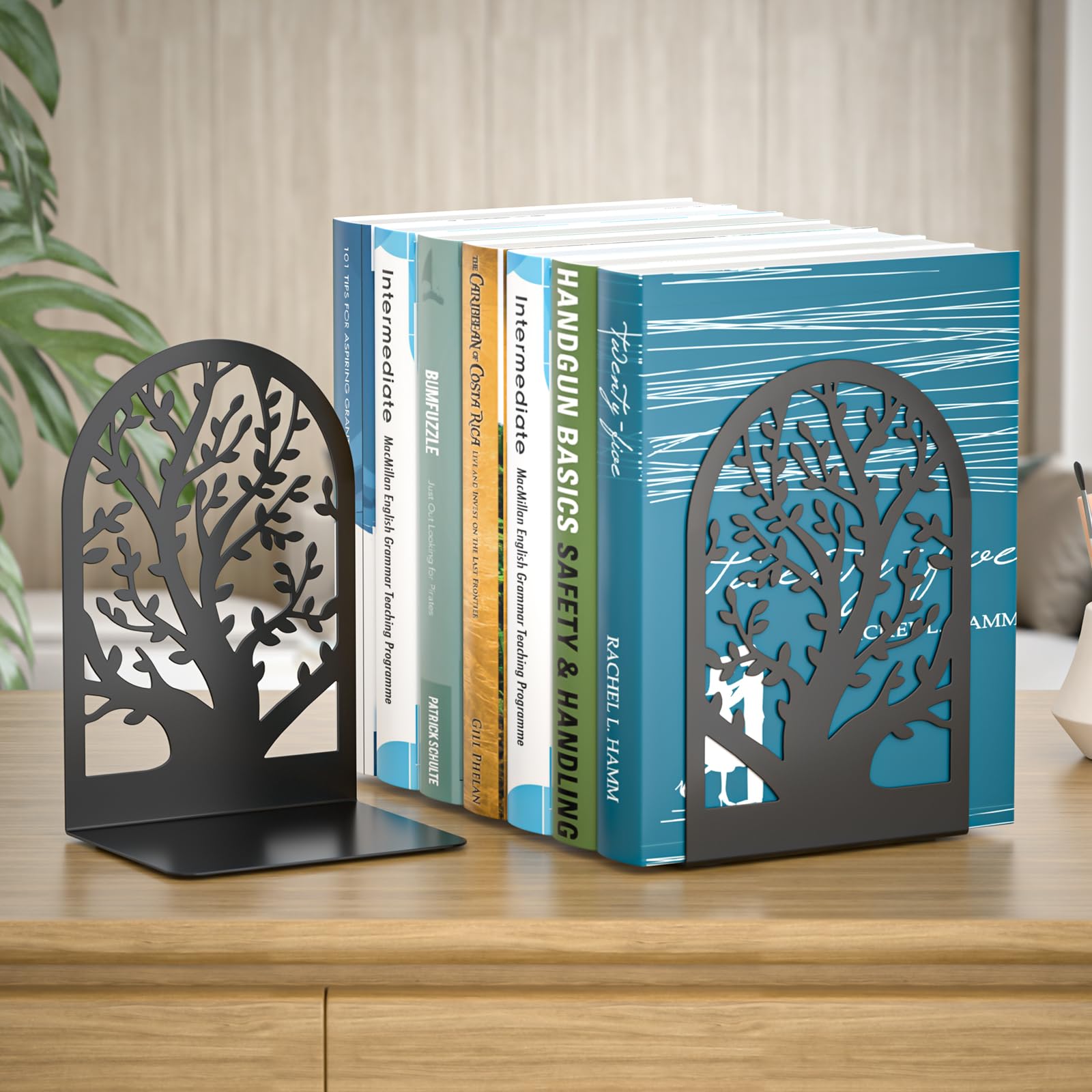 VFINE Tree Style Metal Bookends - 3 Pairs of Decorative Black Book Holders for Shelves, Office & Home - Heavy Duty Book Stopper for Organizing Books, Great for Bookshelves, Desks & Office Supplies