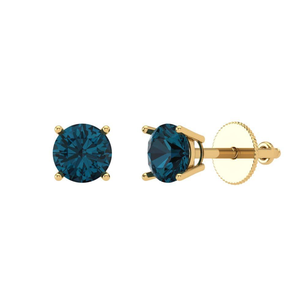 0.50 Carat Round Cut Natural London Blue Topaz Stud Earrings in 14K Yellow Gold, Screw Back - Solitaire Conflict-Free Gemstone Jewelry for Women, Perfect for Weddings, Parties & Everyday Wear