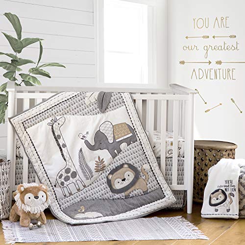 Levtex Baby Tanzania 5-Piece Crib Set - Charcoal Cream Tan Jungle Theme with Giraffe, Lion & Elephant - Includes Quilt, Fitted Sheet, Diaper Stacker, Wall Decal & Bed Skirt | Perfect Nursery Decor for Baby Shower Gifts & Newborn Room Setup