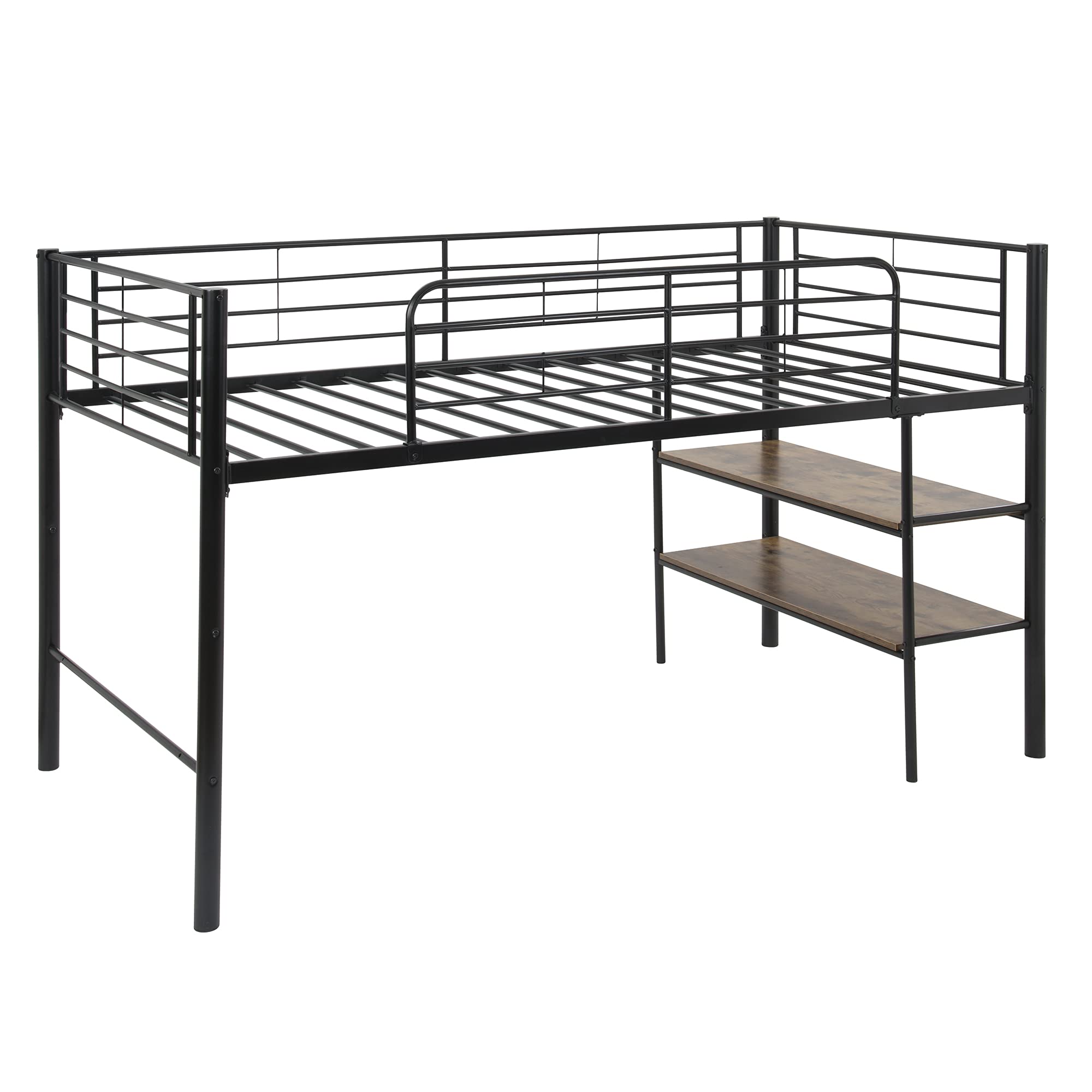 Knocbel Twin Loft Bed with Mobile Desk & Storage Shelves - Sturdy Metal Platform Bed Frame with Guardrails, Ladder & 16 Slats - Supports 200lbs - Space-Saving Solution for Kids, Teens & Small Bedrooms (Black)