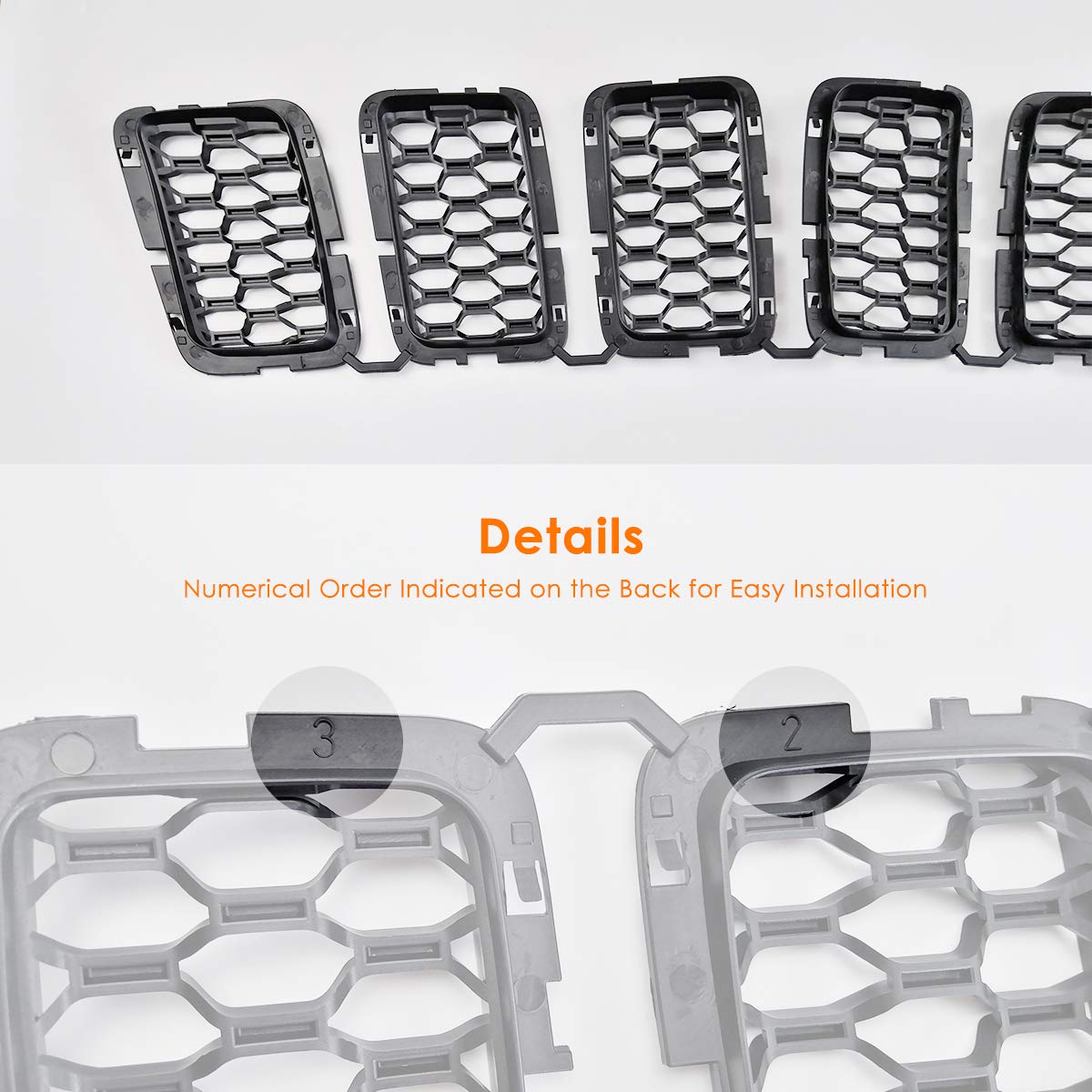 Matte Black Honeycomb Front Grill Inserts Mesh Grille for 2017-2022 Jeep Grand Cherokee - 7PCs Set | Off-Road Style Upgrade & Custom Look for SUV Enthusiasts