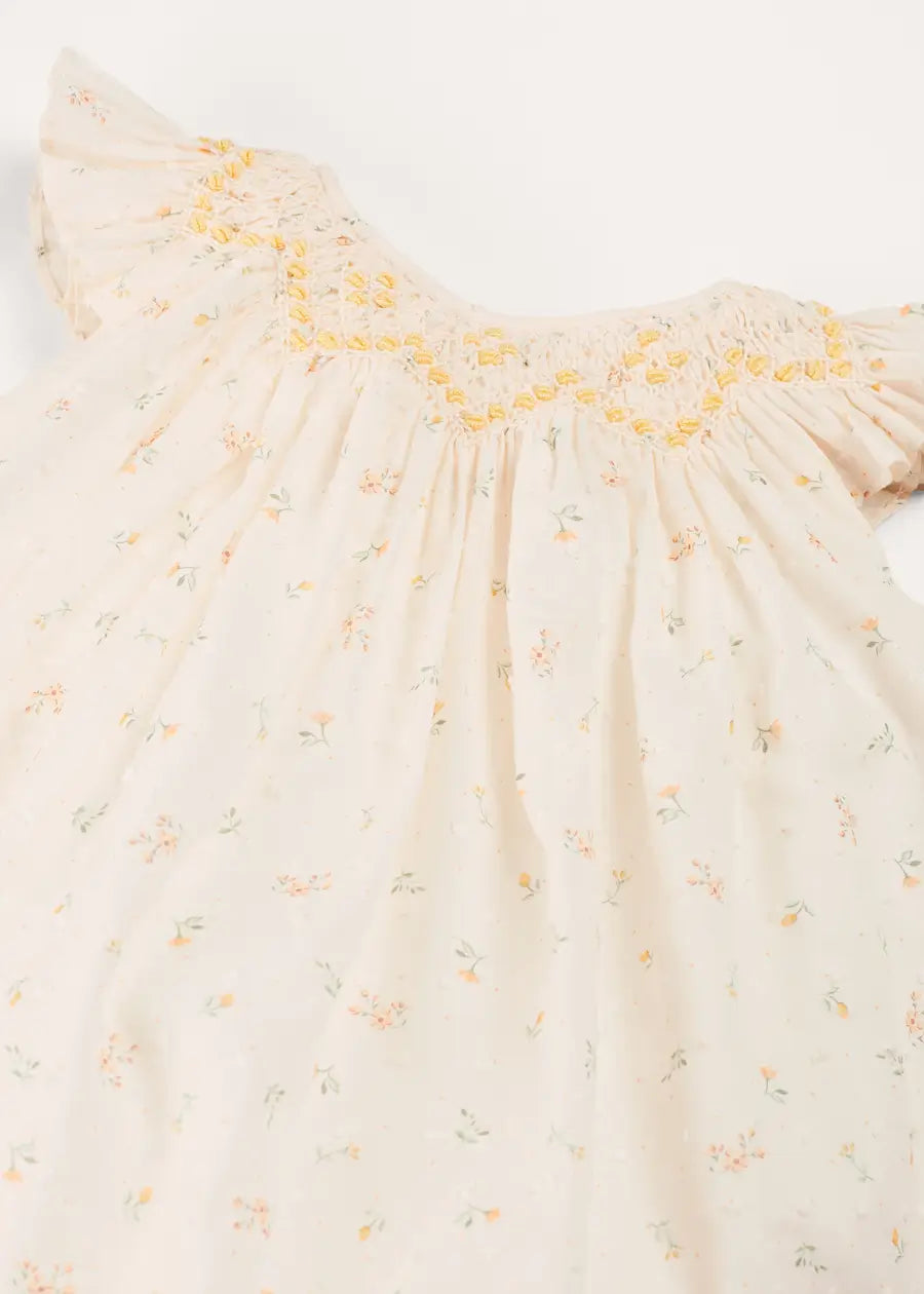 Esme Floral Hand Smocked Sleeveless Baby Dress with Bloomers - White (1-12 Months) | Perfect for Photoshoots, Special Occasions & Everyday Wear