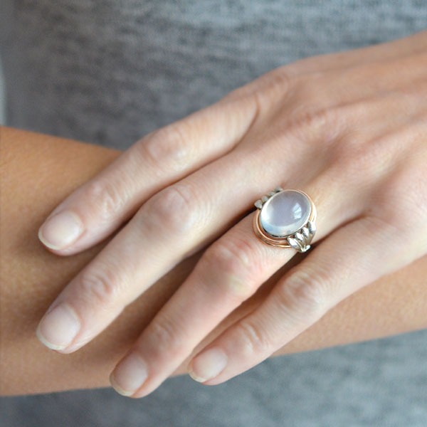 Art Nouveau Platinum & 14K Gold Moonstone Ring - Vintage Inspired Jewelry for Women, Elegant Statement Piece for Weddings, Parties & Special Occasions