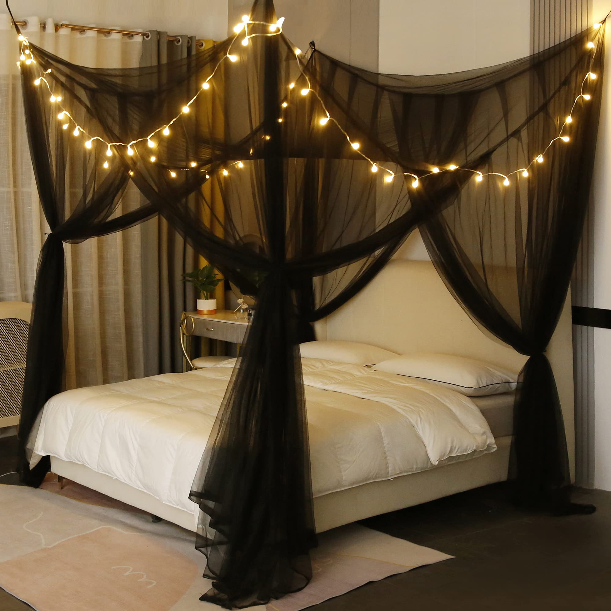 Elegant Canopy Bed Curtains with Lights for Single Twin Bed - Gothic Room Decor & Romantic Ambiance